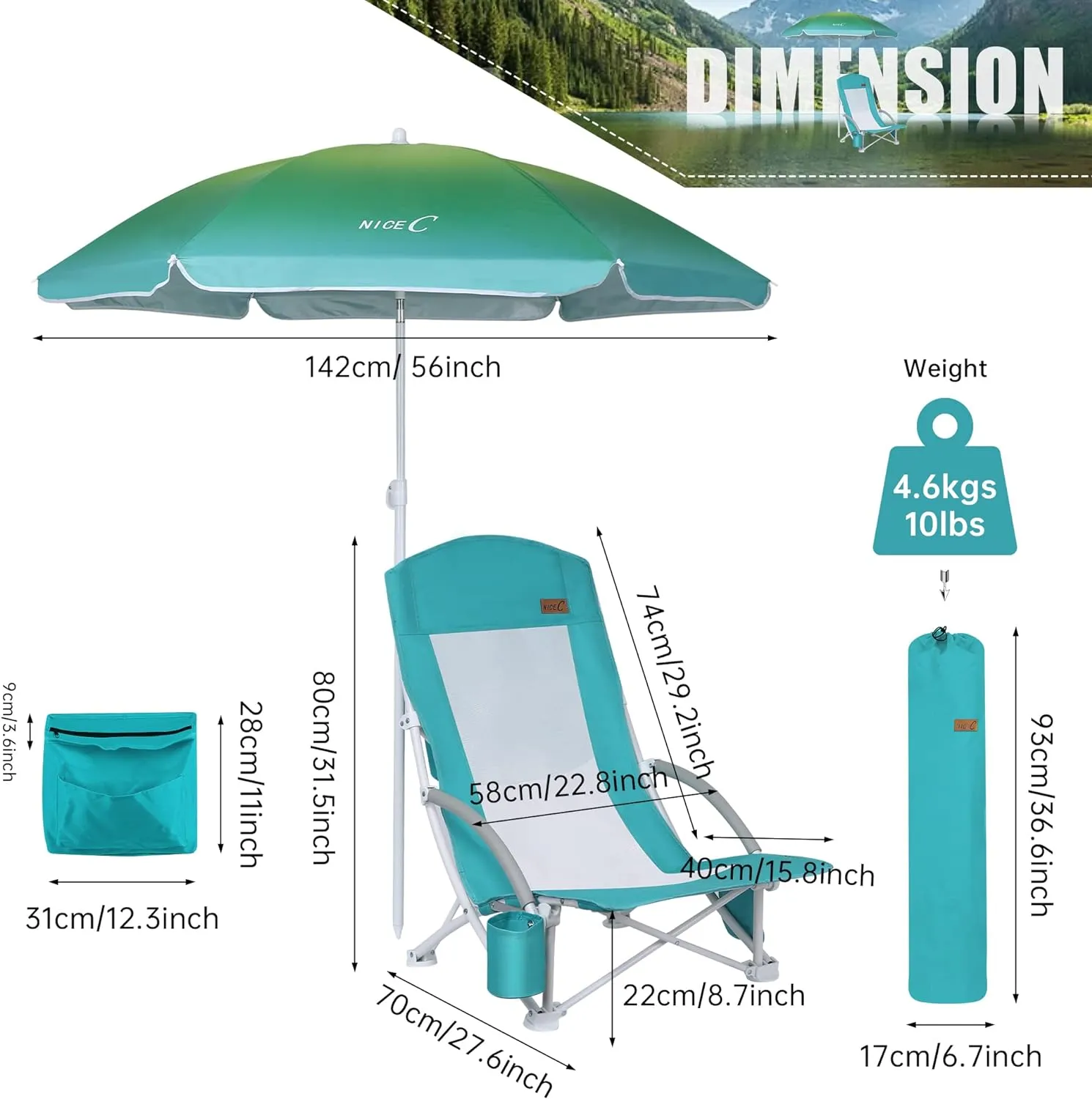 Nice C Beach Chair, Beach Chairs for Adults with Umbrella and Cooler, High Back, Cup Holder & Carry Bag & Heavy Duty Compact Outdoor, Camping (One Blue)