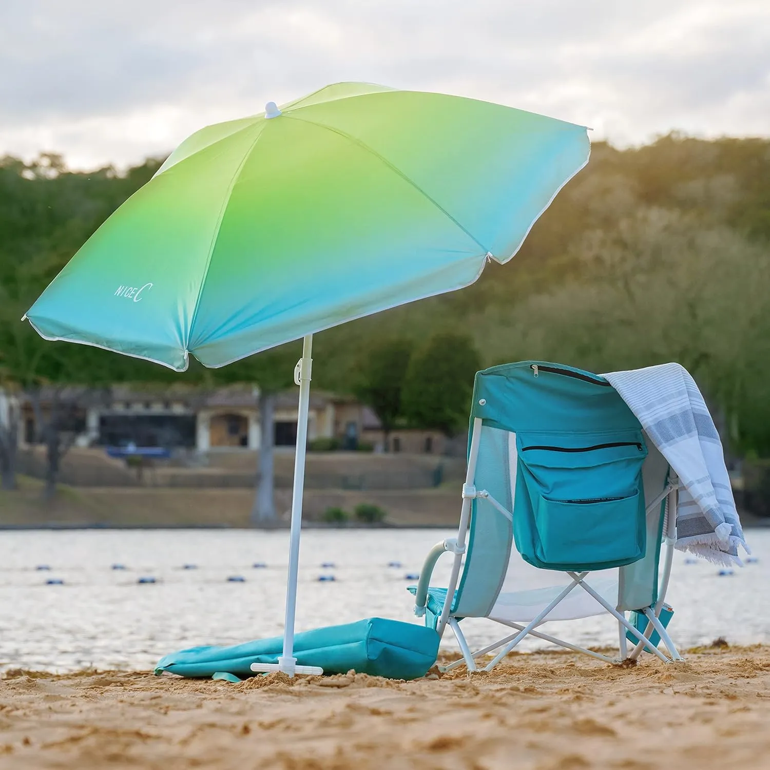 Nice C Beach Chair, Beach Chairs for Adults with Umbrella and Cooler, High Back, Cup Holder & Carry Bag & Heavy Duty Compact Outdoor, Camping (One Blue)
