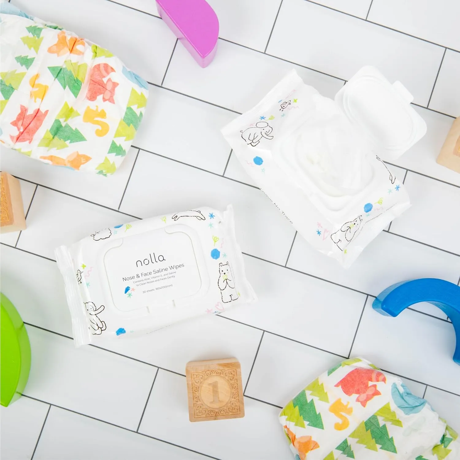Nolla Nose and Face Wipes for Babies & Kids with Saline, Vitamin E, & Aloe | Unscented | Compostable, 180 Count (6 Packs of 30)