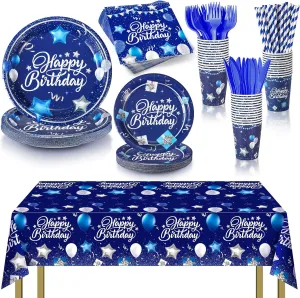 Norme 176 Pcs Navy Blue Birthday Tableware Set Birthday Decoration Includes Tablecloth Paper Plates Napkins Paper Cups Forks Knifes and Straws for 25 Guests Party Supplies(Navy Blue, Silver)