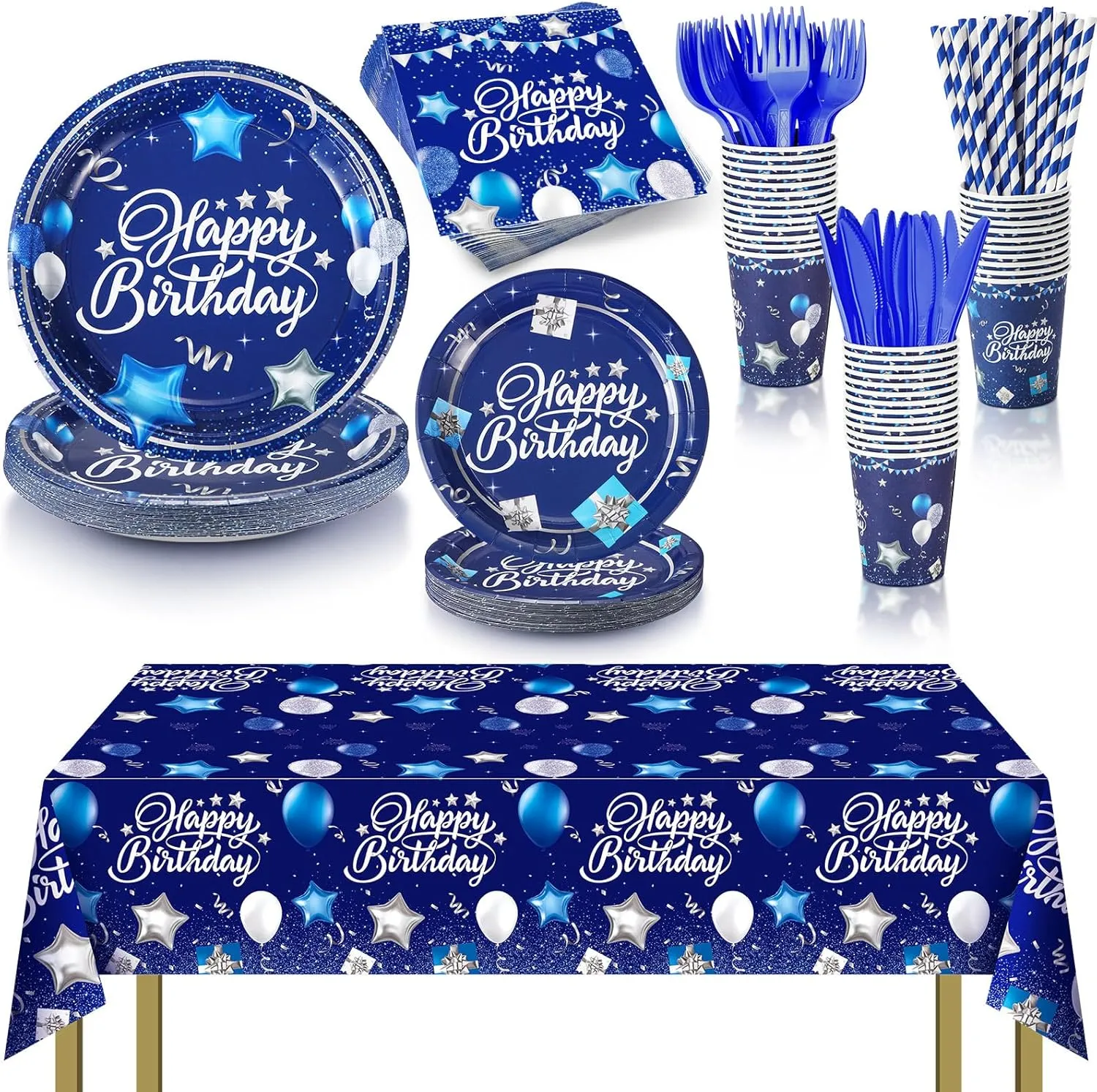 Norme 176 Pcs Navy Blue Birthday Tableware Set Birthday Decoration Includes Tablecloth Paper Plates Napkins Paper Cups Forks Knifes and Straws for 25 Guests Party Supplies(Navy Blue, Silver)