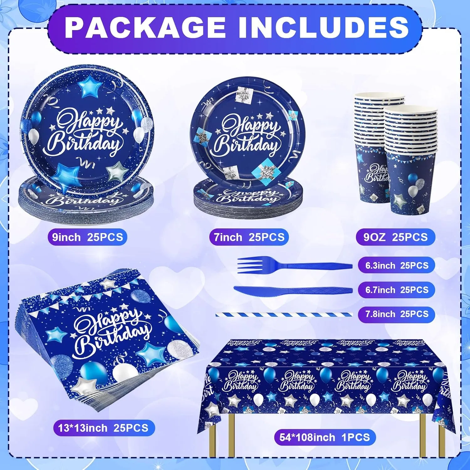 Norme 176 Pcs Navy Blue Birthday Tableware Set Birthday Decoration Includes Tablecloth Paper Plates Napkins Paper Cups Forks Knifes and Straws for 25 Guests Party Supplies(Navy Blue, Silver)
