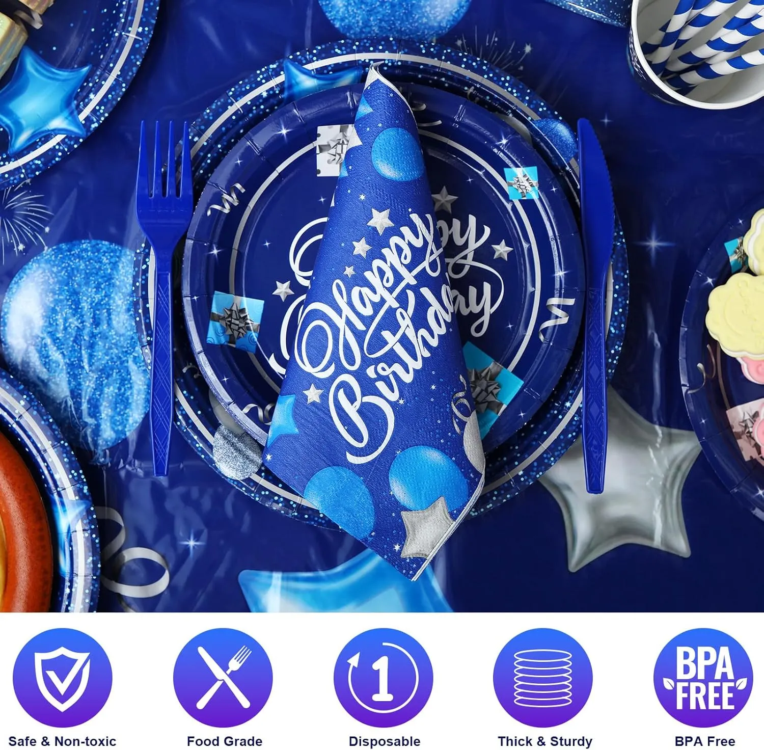 Norme 176 Pcs Navy Blue Birthday Tableware Set Birthday Decoration Includes Tablecloth Paper Plates Napkins Paper Cups Forks Knifes and Straws for 25 Guests Party Supplies(Navy Blue, Silver)