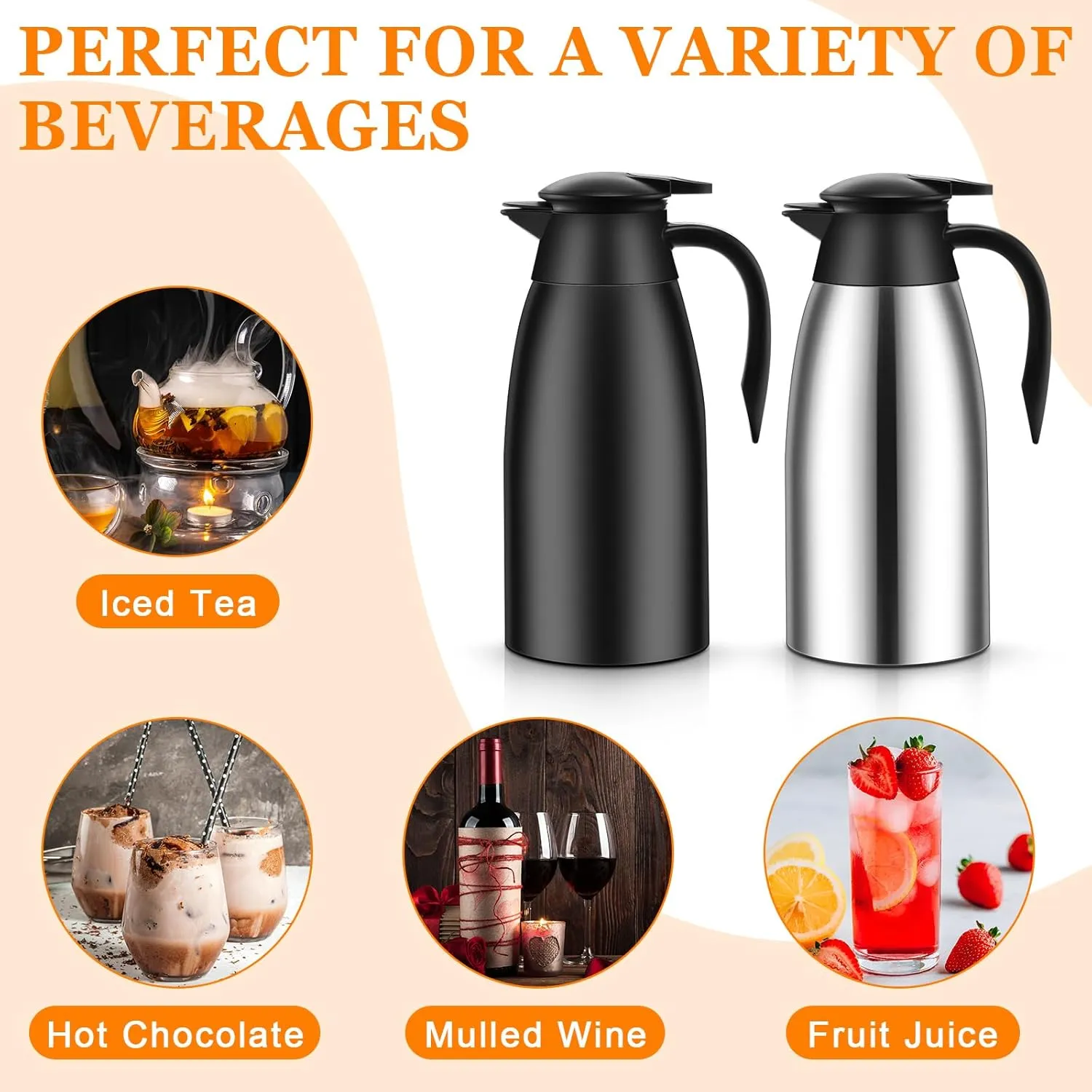 Norme 2 Pcs Thermal Coffee Carafe Insulated Stainless Steel Coffee Carafe for Hot Liquid Vacuum Thermal Pot Creamer Pitcher Dispenser with Brushes Keeping Hot Water Milk(Black, Silver,68 oz)