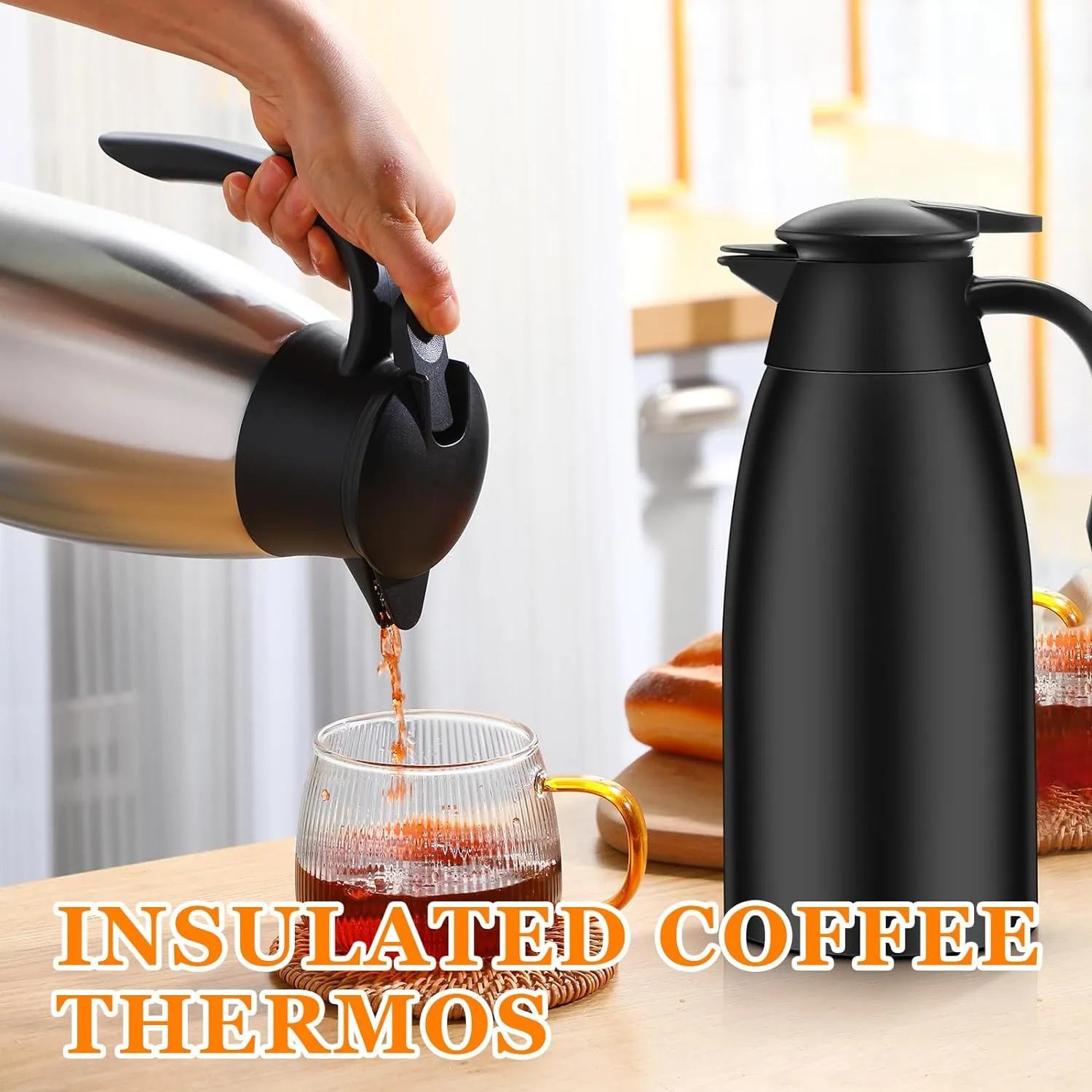 Norme 2 Pcs Thermal Coffee Carafe Insulated Stainless Steel Coffee Carafe for Hot Liquid Vacuum Thermal Pot Creamer Pitcher Dispenser with Brushes Keeping Hot Water Milk(Black, Silver,68 oz)