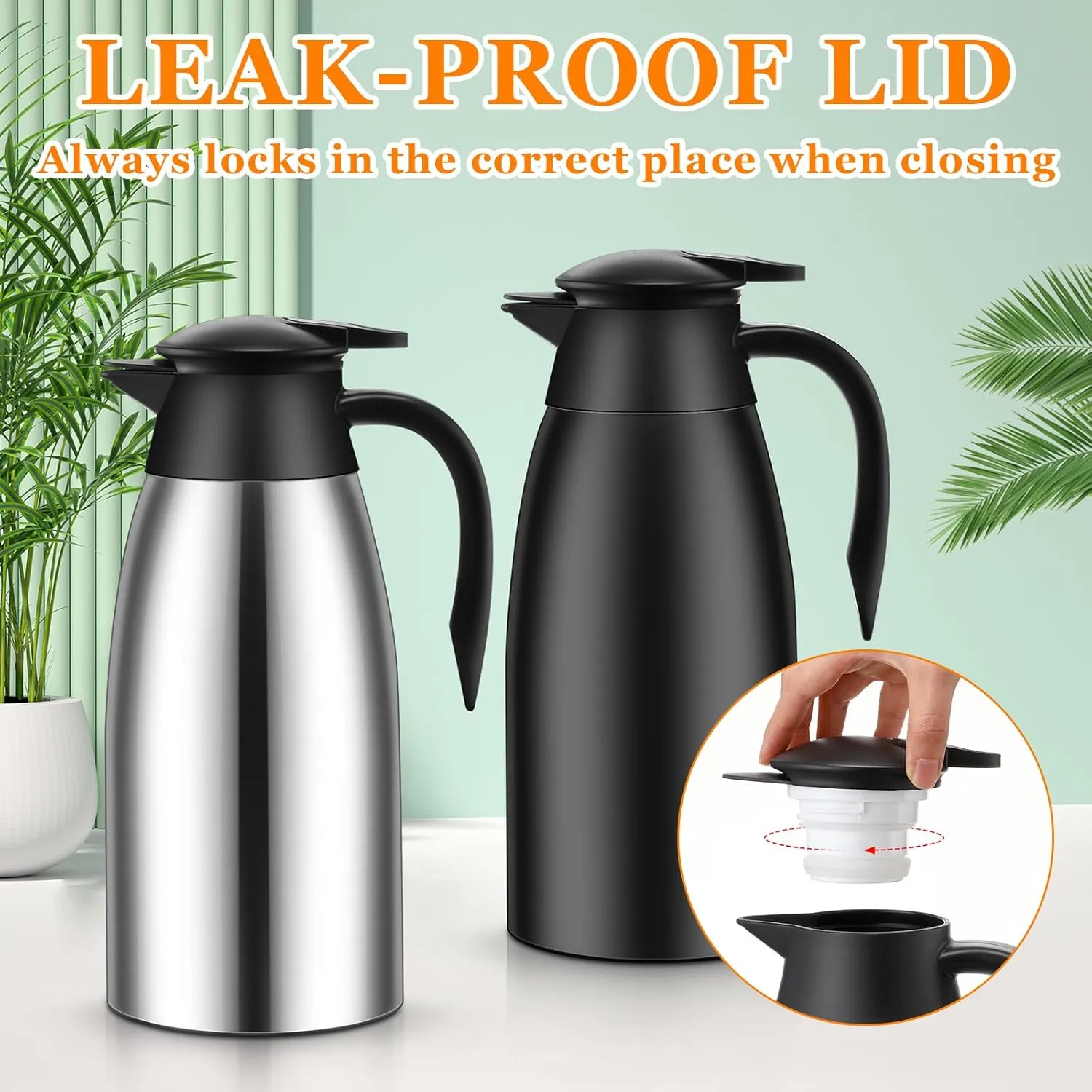 Norme 2 Pcs Thermal Coffee Carafe Insulated Stainless Steel Coffee Carafe for Hot Liquid Vacuum Thermal Pot Creamer Pitcher Dispenser with Brushes Keeping Hot Water Milk(Black, Silver,68 oz)