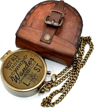 Not All Those Who Wander are Lost Brass Gift Engraved Compass with Leather case, Graduation Day Baptism Communion Confirmation Day Motivational LOTR J.R.R. Tolkien'