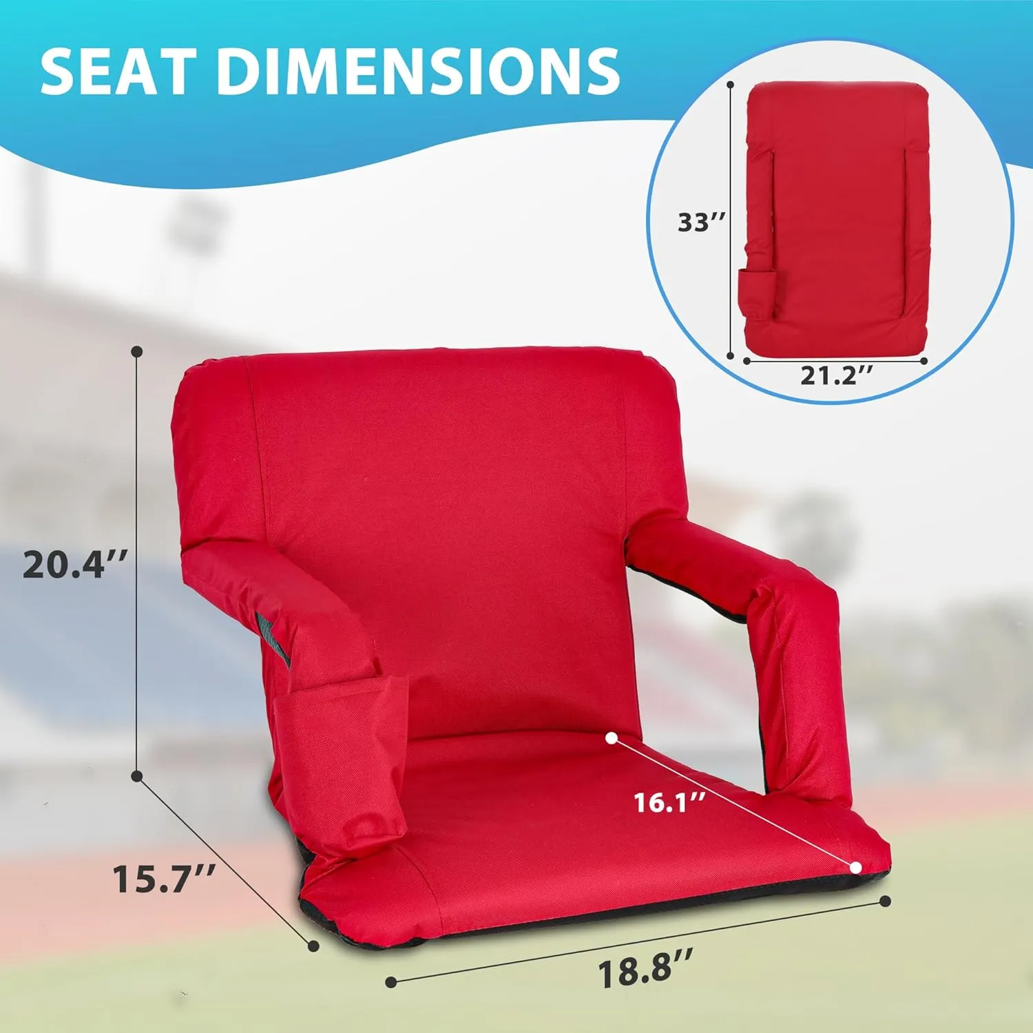 Nouva Portable Stadium Seat,Folding Reclining Bleacher Chair 6 Reclining Positions with Back Support Storage Pocket Shoulder Strap Black