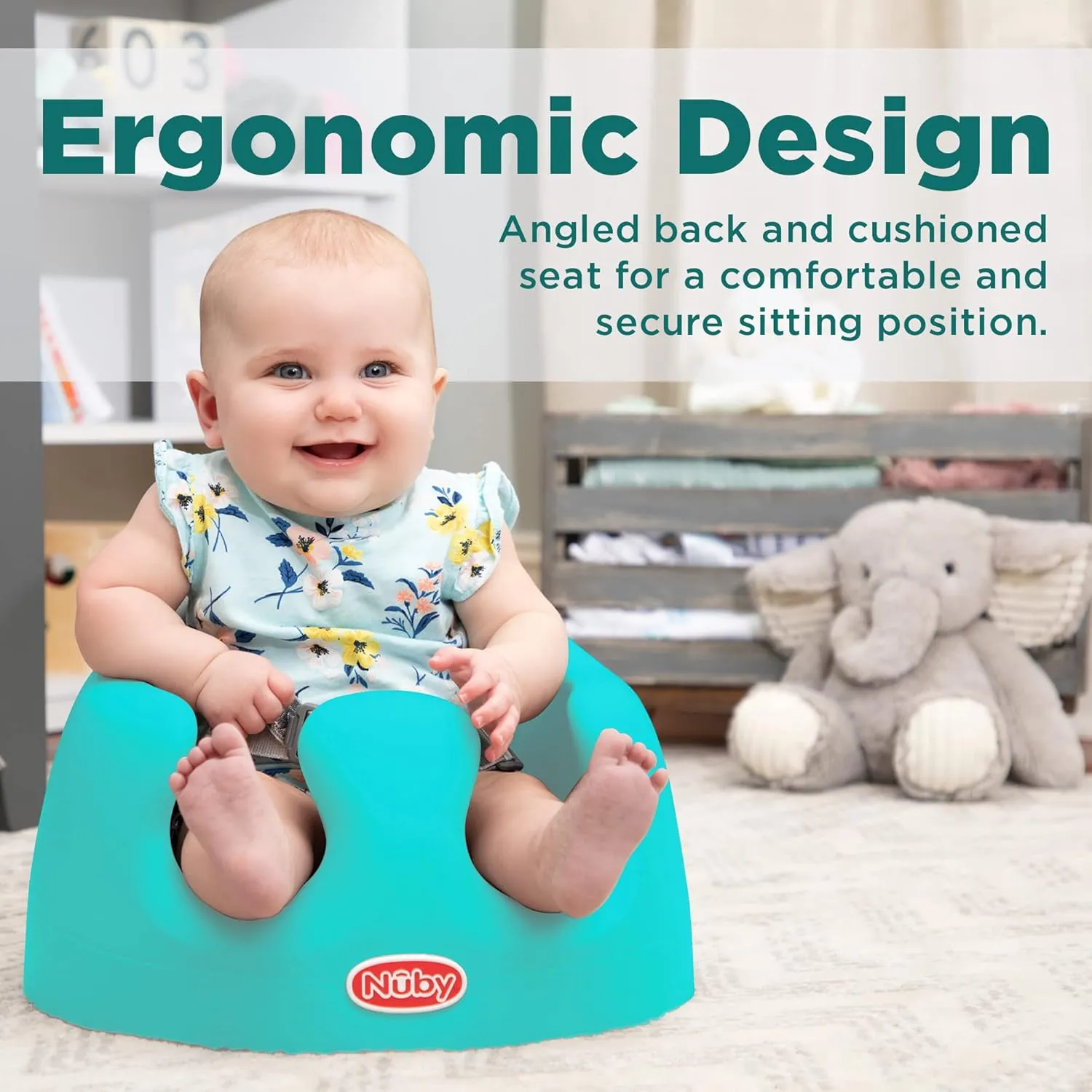 Nuby My Floor Seat - Portable Baby Chair with Soft Foam Cushion, Safety Harness, and High Back Design - 4  Months - Aqua