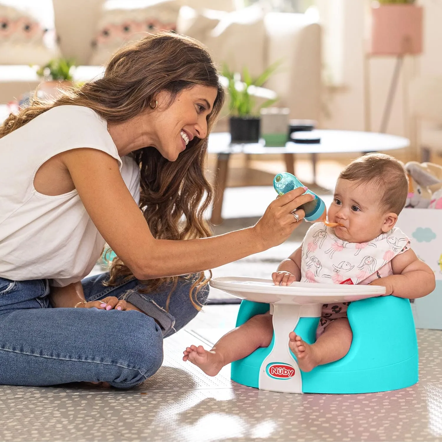 Nuby My Floor Seat - Portable Baby Chair with Soft Foam Cushion, Safety Harness, and High Back Design - 4  Months - Aqua
