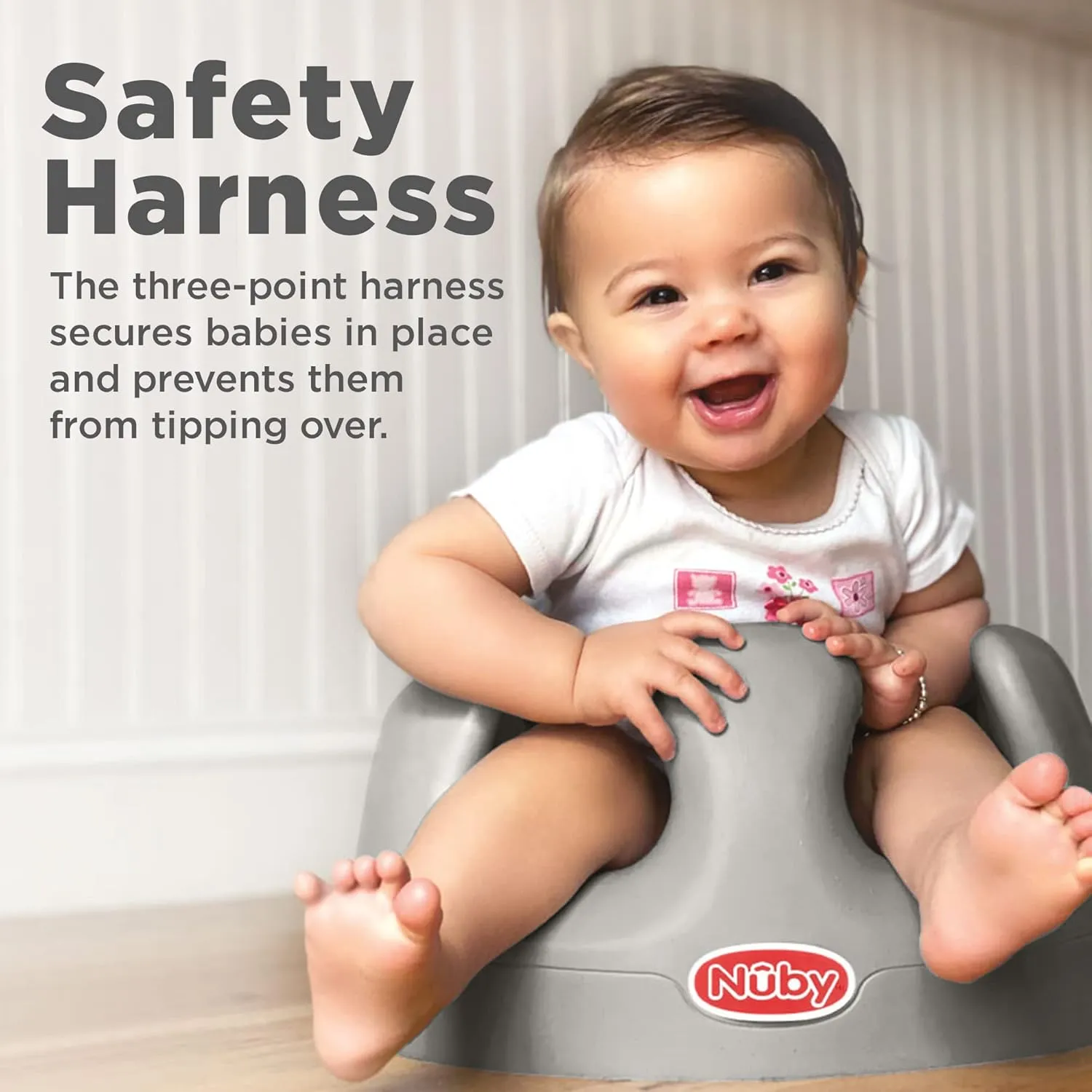 Nuby My Floor Seat - Portable Baby Chair with Soft Foam Cushion, Safety Harness, and High Back Design - 4  Months - Gray