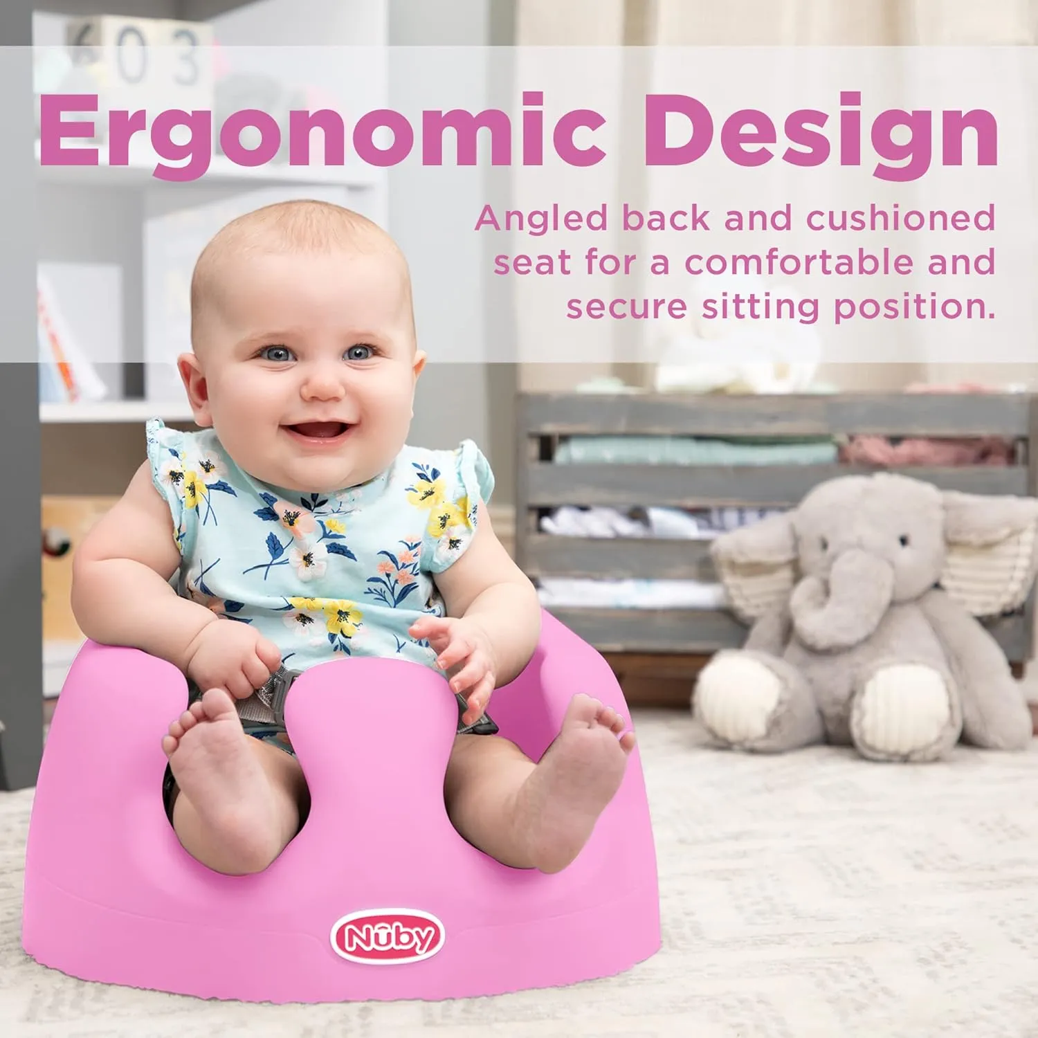 Nuby My Floor Seat - Portable Baby Chair with Soft Foam Cushion, Safety Harness, and High Back Design - 4  Months - Pink