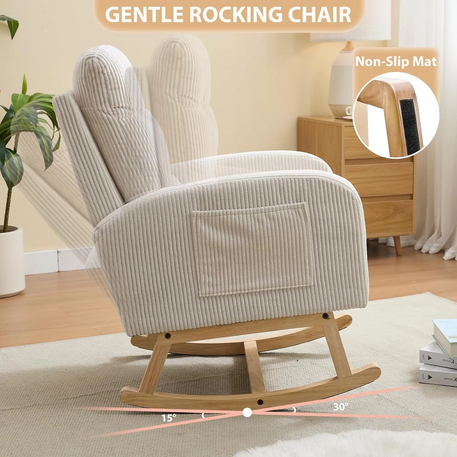 Nursery Rocking Chair with Retractable Foot Rest, Glider Rocking Chairs, Mid Century Rocker, High Back, Solid Wood Legs, Corduroy Beige