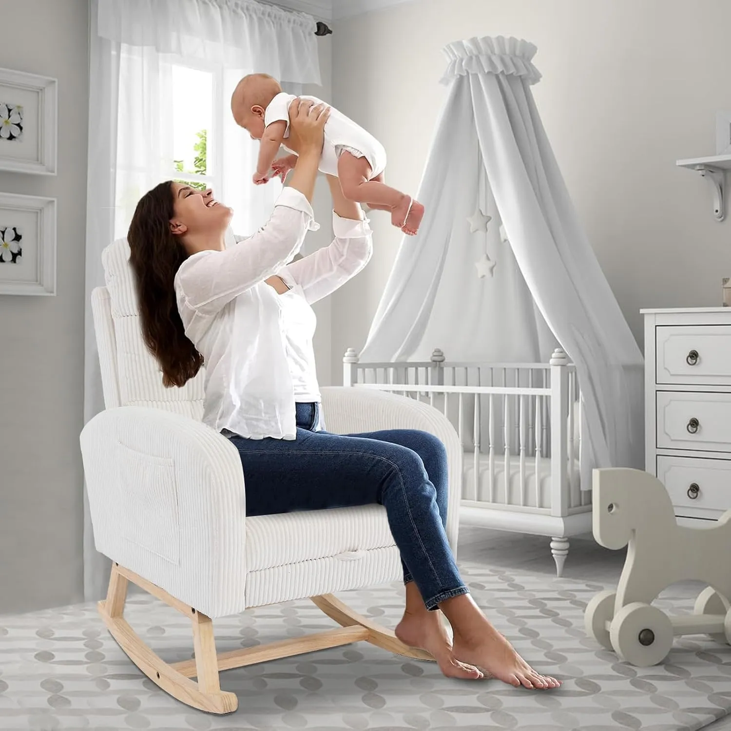 Nursery Rocking Chair with Retractable Foot Rest, Glider Rocking Chairs, Mid Century Rocker, High Back, Solid Wood Legs, Corduroy Beige