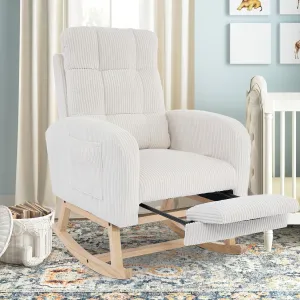 Nursery Rocking Chair with Retractable Foot Rest, Glider Rocking Chairs, Mid Century Rocker, High Back, Solid Wood Legs, Corduroy Beige