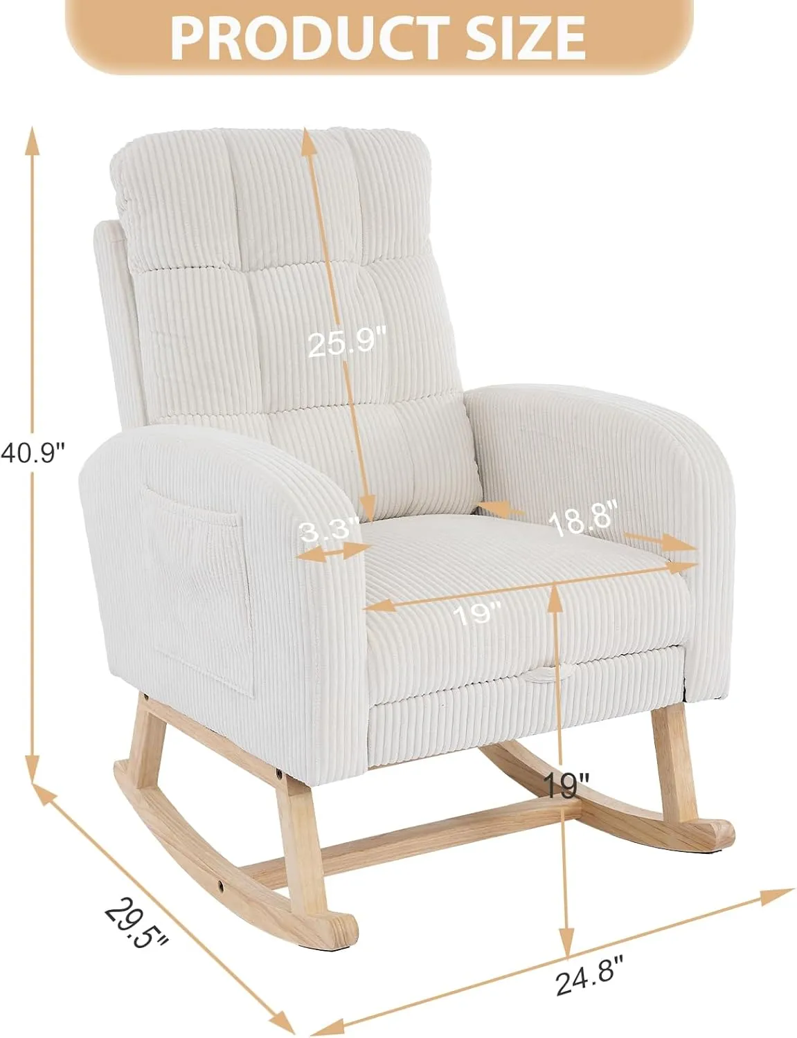 Nursery Rocking Chair with Retractable Foot Rest, Glider Rocking Chairs, Mid Century Rocker, High Back, Solid Wood Legs, Corduroy Beige