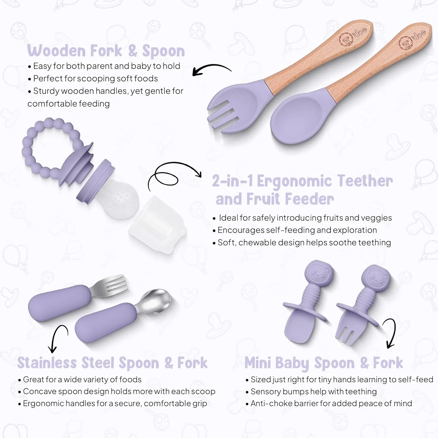 O'doe 17-Piece BPA-Free Silicone Baby Feeding Set | Thick & Soft Suction Plates, Baby Bowls, Wooden Fork & Spoon, and More | Make Mealtime Fun and Easy for Your Little One (Purple, V2)