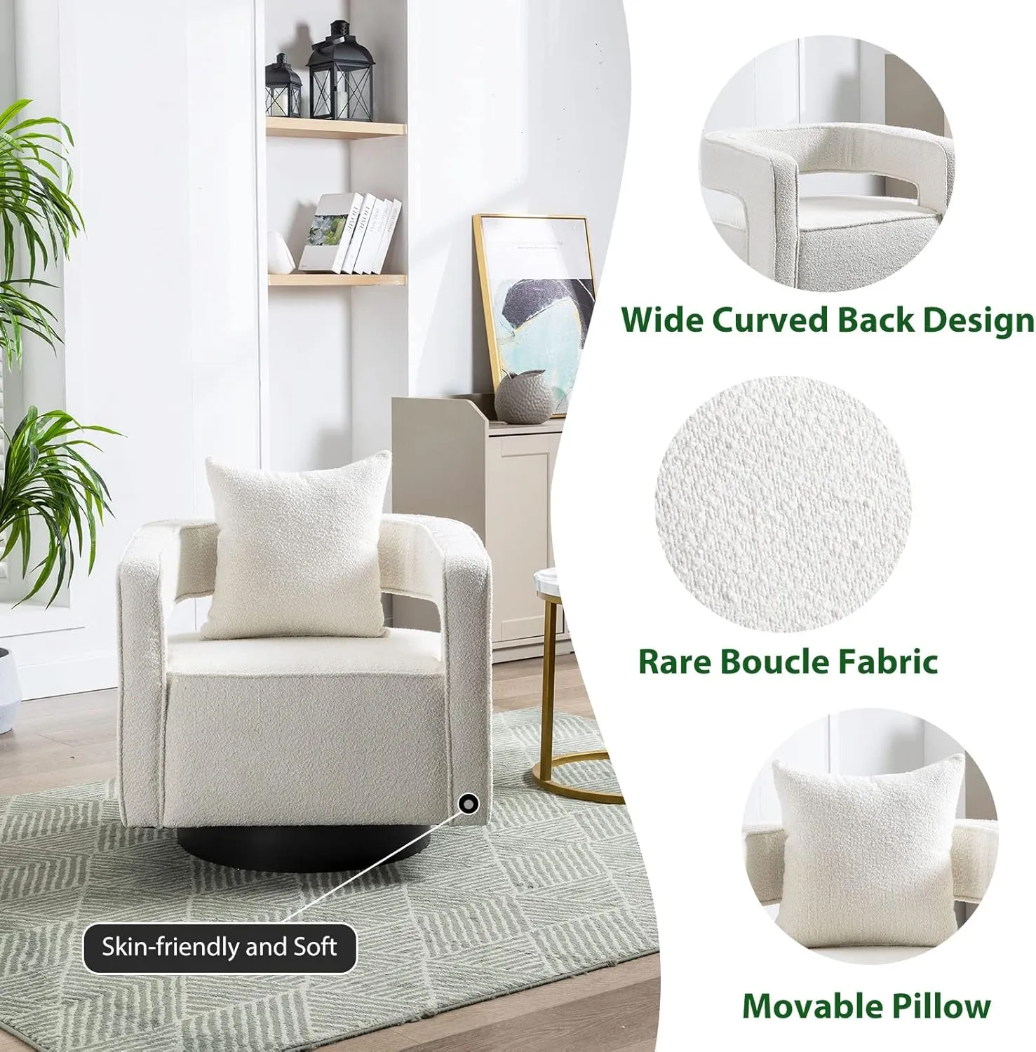 ODUWA Swivel Barrel Accent Chair Set of 2,26" W Modern Round Boucle Arm Chair with Black Base,Upholstered Comfy 360 Degree Swivel Single Circle Club Chair for Nursery Bedroom Living Room Hotel Office