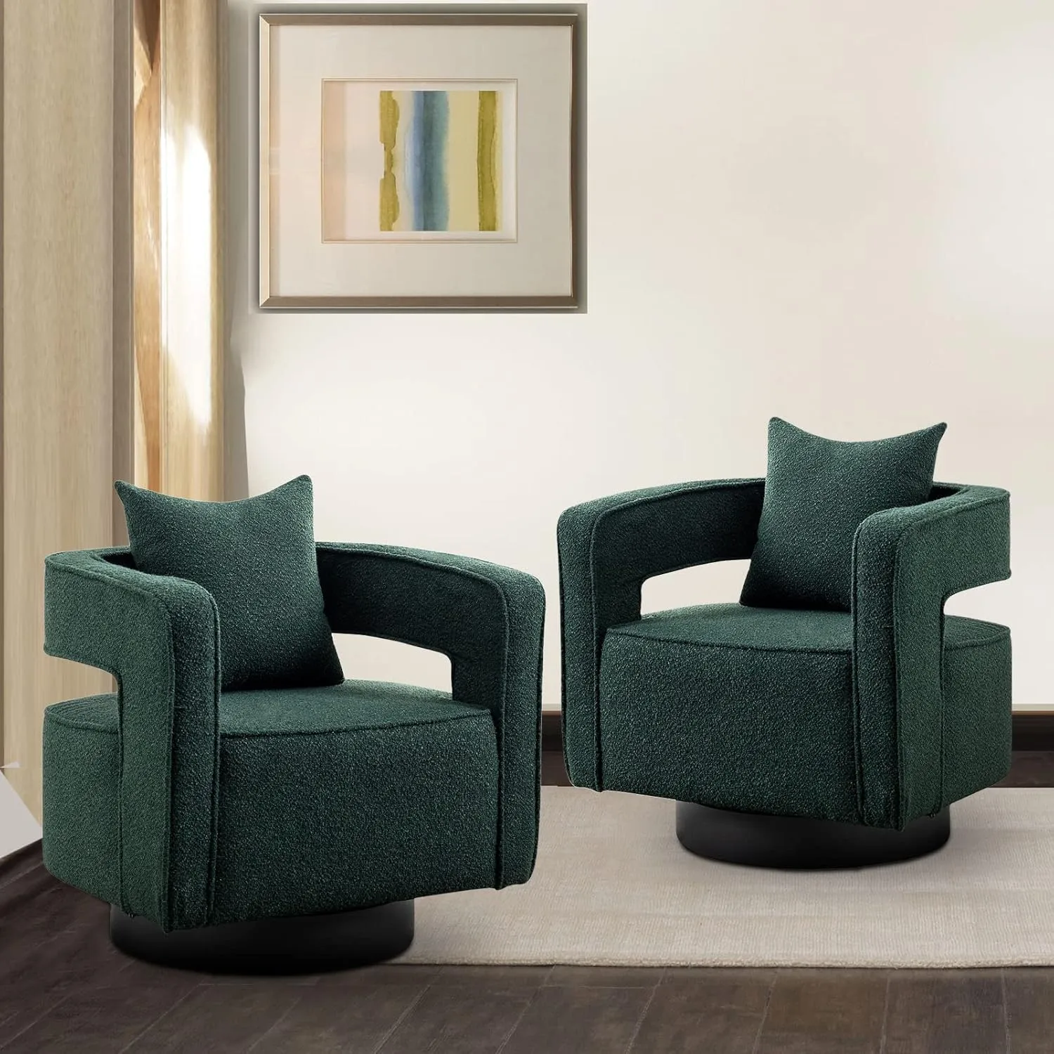 ODUWA Swivel Barrel Accent Chair Set of 2,26" W Modern Round Boucle Arm Chair with Black Base,Upholstered Comfy 360 Degree Swivel Single Circle Club Chair for Nursery Bedroom Living Room Hotel Office
