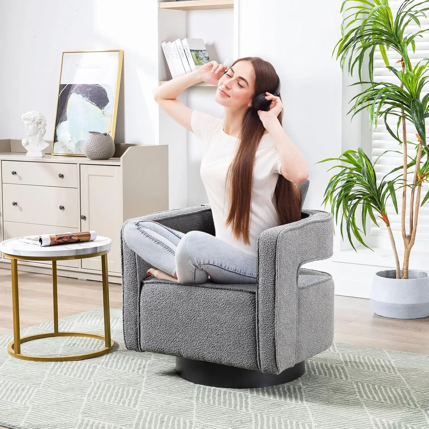 ODUWA Swivel Barrel Accent Chair Set of 2,26" W Modern Round Boucle Arm Chair with Black Base,Upholstered Comfy 360 Degree Swivel Single Circle Club Chair for Nursery Bedroom Living Room Hotel Office