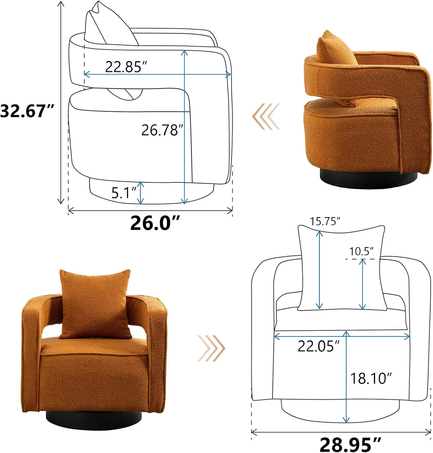ODUWA Swivel Barrel Accent Chair Set of 2,26" W Modern Round Boucle Arm Chair with Black Base,Upholstered Comfy 360 Degree Swivel Single Circle Club Chair for Nursery Bedroom Living Room Hotel Office