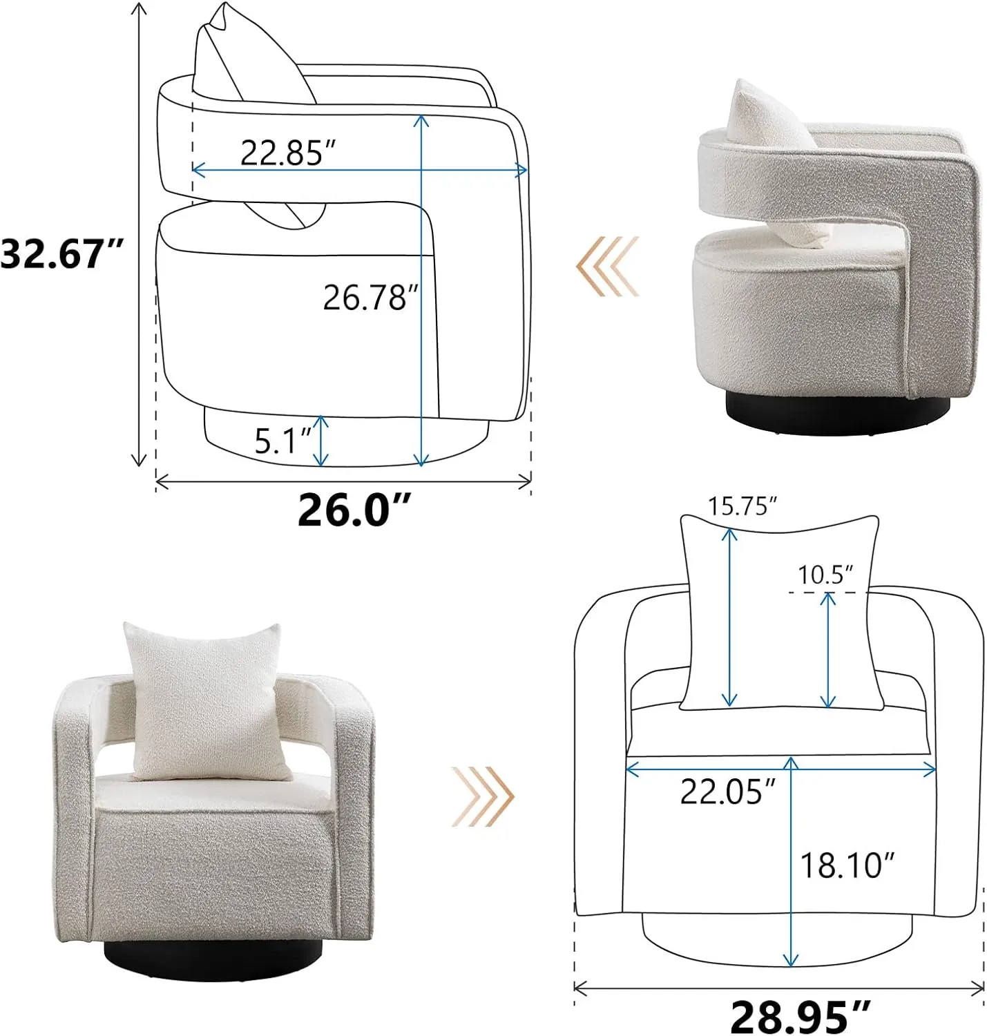 ODUWA Swivel Barrel Accent Chair Set of 2,26" W Modern Round Boucle Arm Chair with Black Base,Upholstered Comfy 360 Degree Swivel Single Circle Club Chair for Nursery Bedroom Living Room Hotel Office