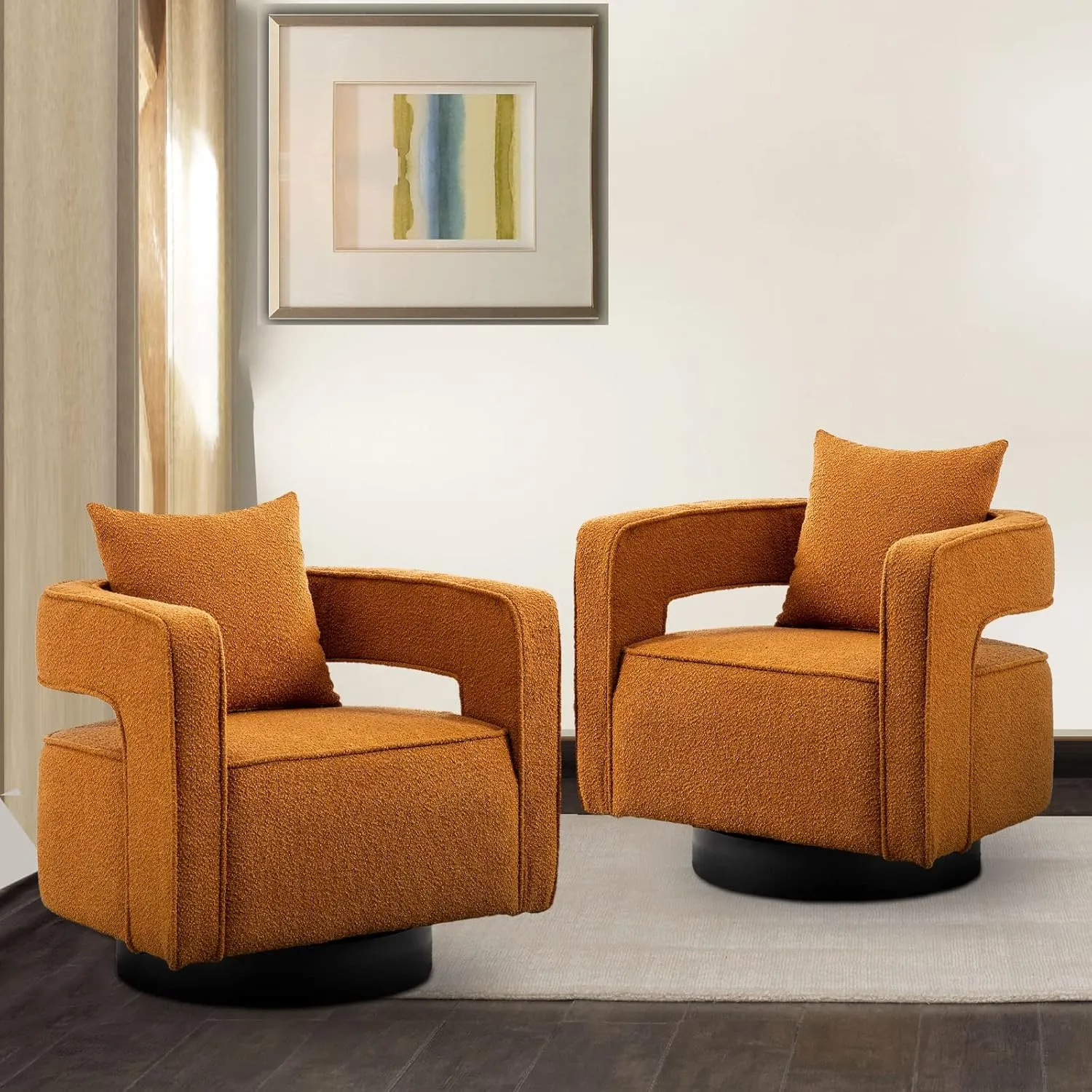 ODUWA Swivel Barrel Accent Chair Set of 2,26" W Modern Round Boucle Arm Chair with Black Base,Upholstered Comfy 360 Degree Swivel Single Circle Club Chair for Nursery Bedroom Living Room Hotel Office
