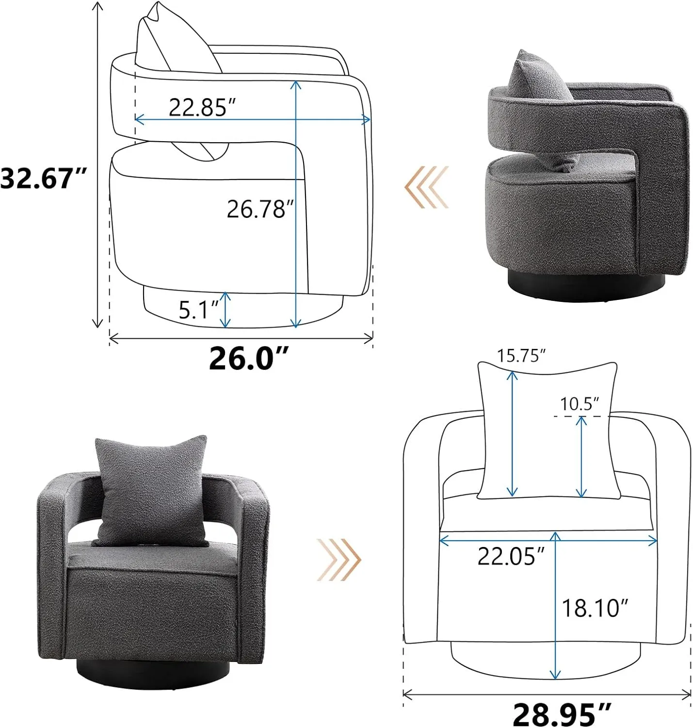 ODUWA Swivel Barrel Accent Chair Set of 2,26" W Modern Round Boucle Arm Chair with Black Base,Upholstered Comfy 360 Degree Swivel Single Circle Club Chair for Nursery Bedroom Living Room Hotel Office