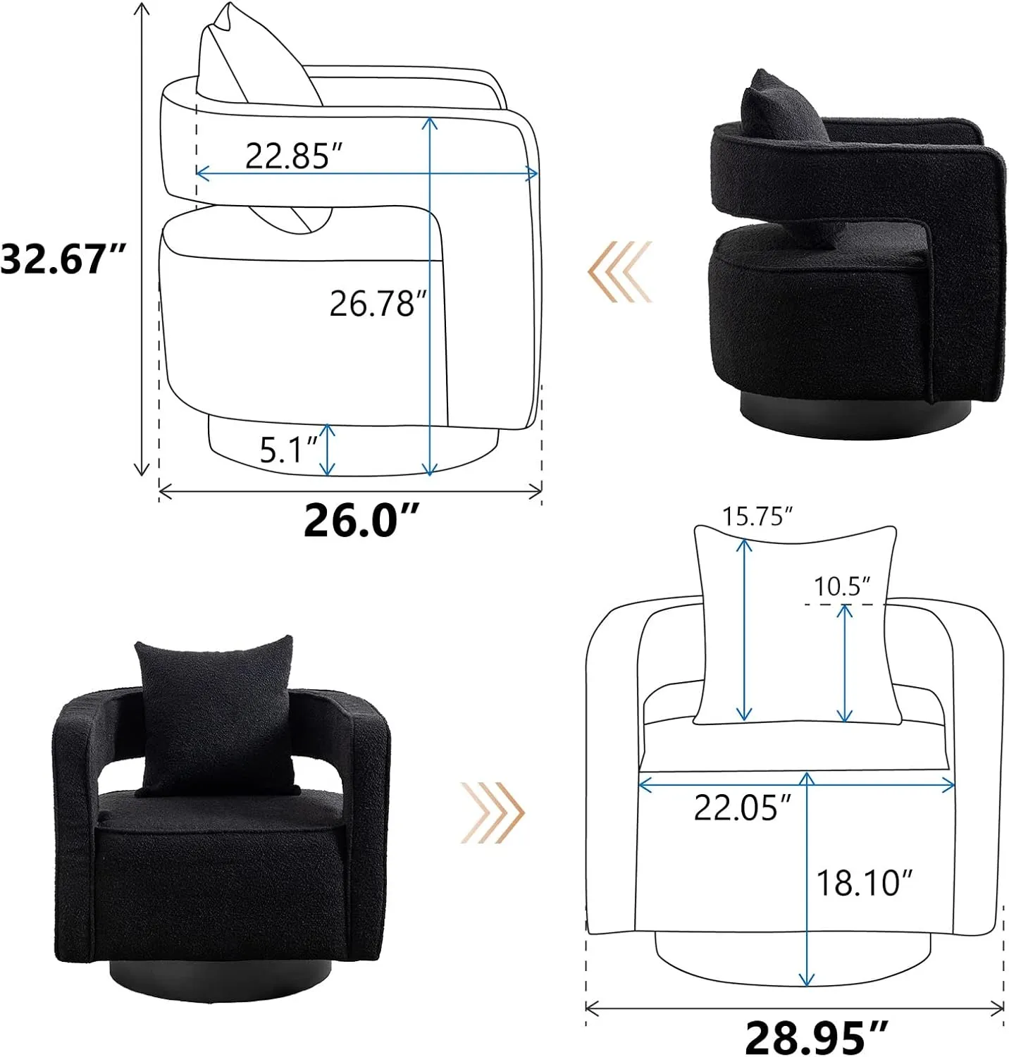 ODUWA Swivel Barrel Accent Chair Set of 2,26" W Modern Round Boucle Arm Chair with Black Base,Upholstered Comfy 360 Degree Swivel Single Circle Club Chair for Nursery Bedroom Living Room Hotel Office