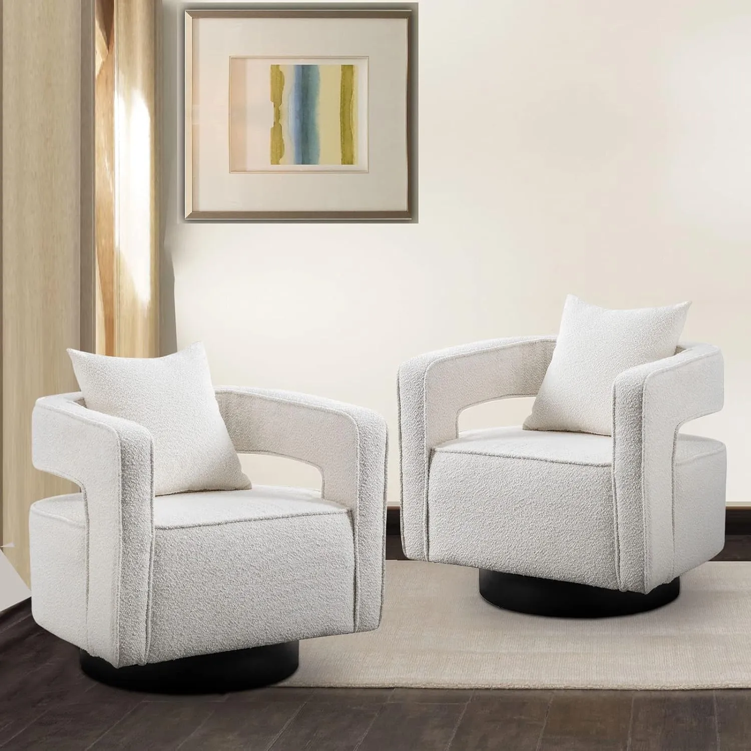 ODUWA Swivel Barrel Accent Chair Set of 2,26" W Modern Round Boucle Arm Chair with Black Base,Upholstered Comfy 360 Degree Swivel Single Circle Club Chair for Nursery Bedroom Living Room Hotel Office