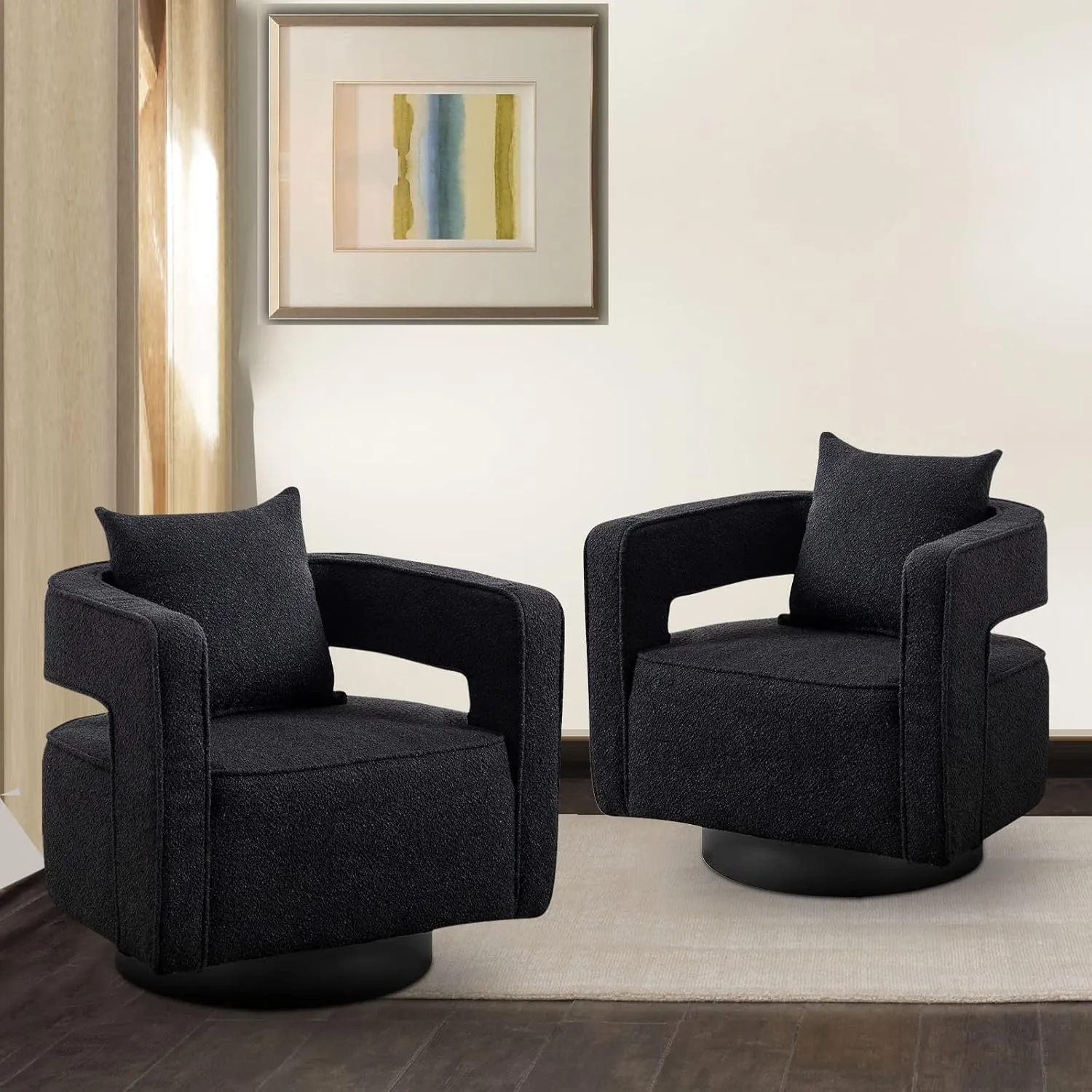 ODUWA Swivel Barrel Accent Chair Set of 2,26" W Modern Round Boucle Arm Chair with Black Base,Upholstered Comfy 360 Degree Swivel Single Circle Club Chair for Nursery Bedroom Living Room Hotel Office