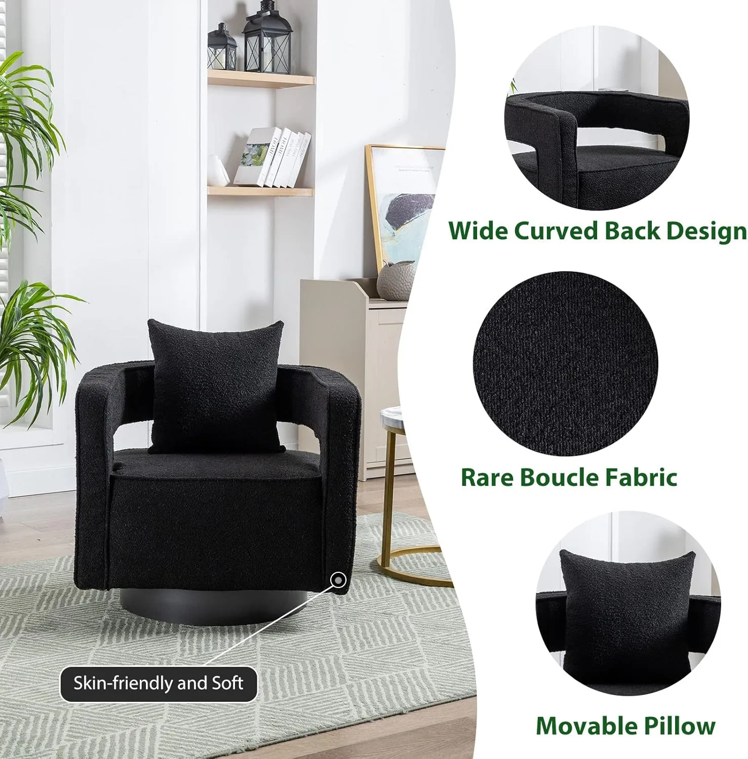 ODUWA Swivel Barrel Accent Chair,26" W Modern Round Boucle Arm Chair with Black Base,Upholstered Comfy 360 Degree Swivel Single Circle Club Chair for Nursery Bedroom Living Room Hotel Office