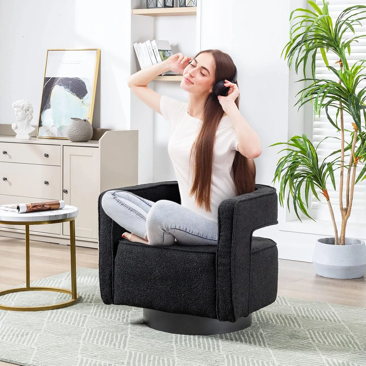 ODUWA Swivel Barrel Accent Chair,26" W Modern Round Boucle Arm Chair with Black Base,Upholstered Comfy 360 Degree Swivel Single Circle Club Chair for Nursery Bedroom Living Room Hotel Office