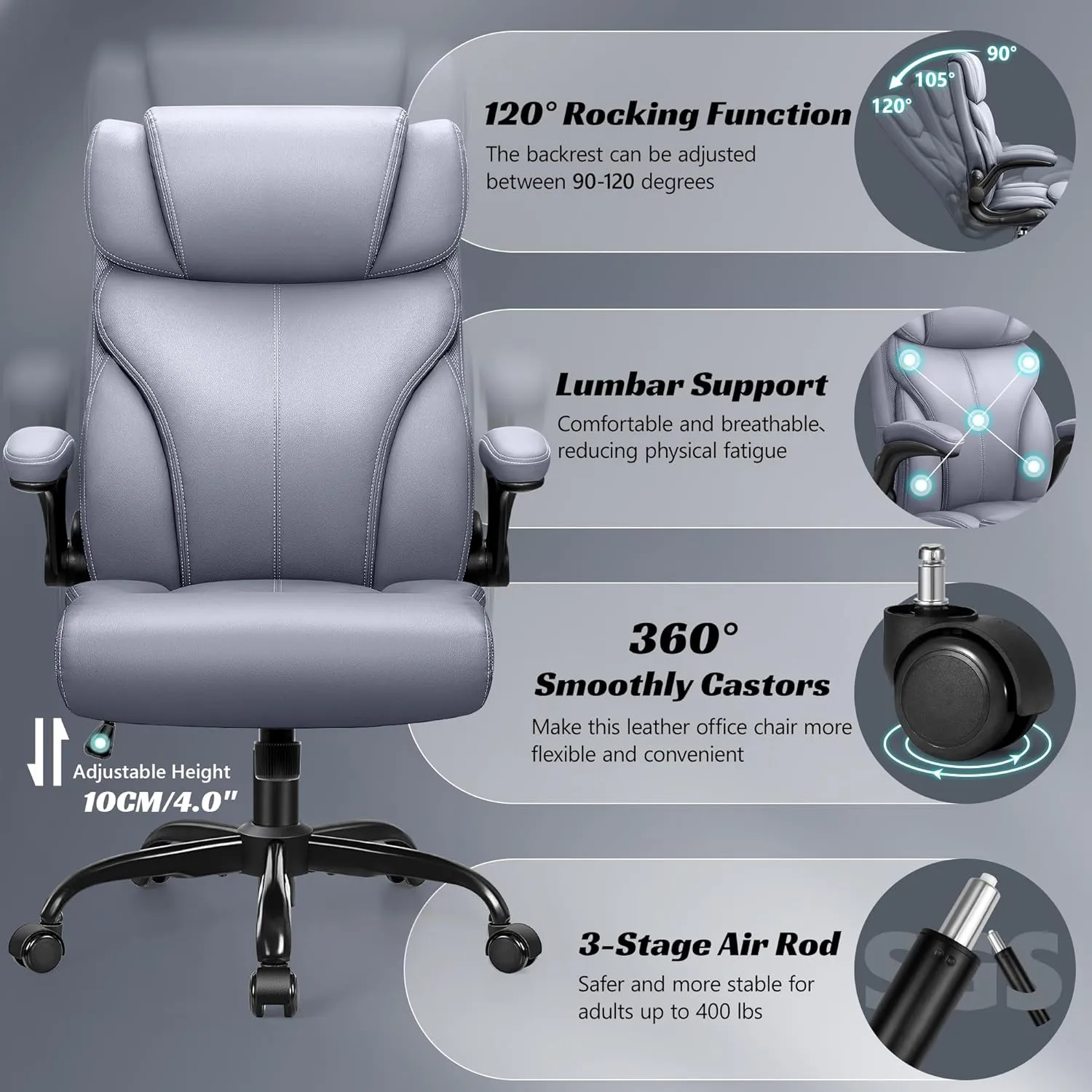 Office Chair, Ergonomic Big and Tall Computer Desk Chairs, Executive Breathable Leather Chair with Adjustable High Back Flip-up Armrests, Lumbar Support Swivel PC Chair with Rocking Function