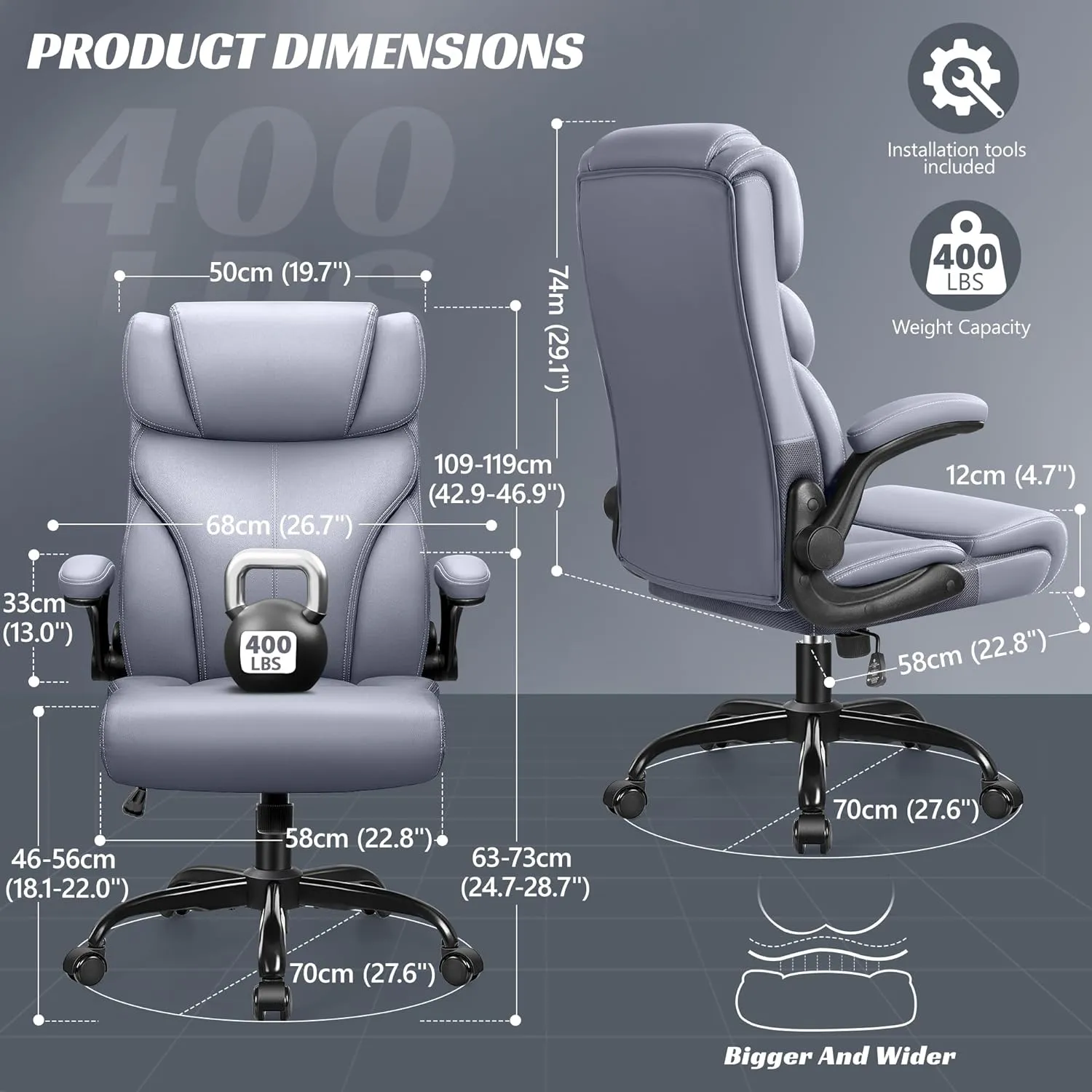 Office Chair, Ergonomic Big and Tall Computer Desk Chairs, Executive Breathable Leather Chair with Adjustable High Back Flip-up Armrests, Lumbar Support Swivel PC Chair with Rocking Function