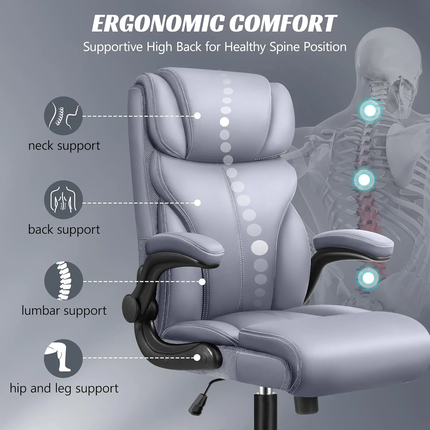 Office Chair, Ergonomic Big and Tall Computer Desk Chairs, Executive Breathable Leather Chair with Adjustable High Back Flip-up Armrests, Lumbar Support Swivel PC Chair with Rocking Function