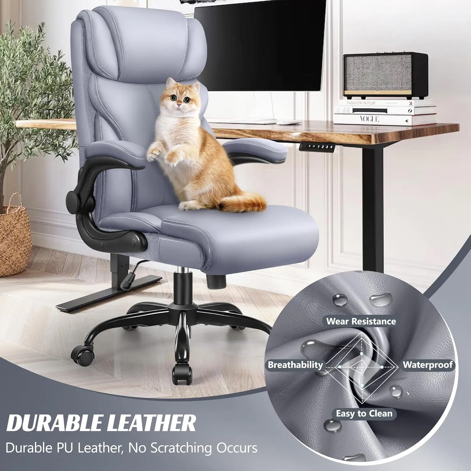 Office Chair, Ergonomic Big and Tall Computer Desk Chairs, Executive Breathable Leather Chair with Adjustable High Back Flip-up Armrests, Lumbar Support Swivel PC Chair with Rocking Function