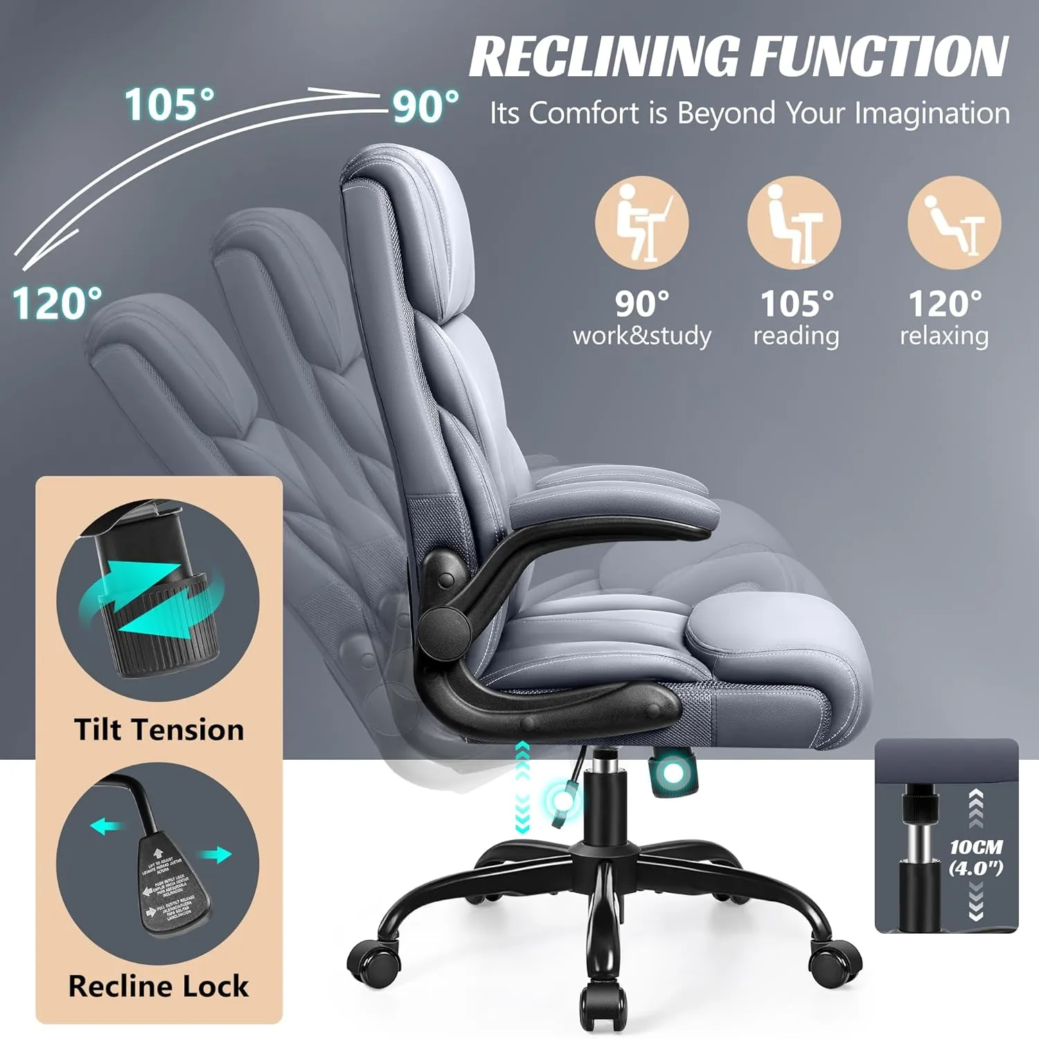 Office Chair, Ergonomic Big and Tall Computer Desk Chairs, Executive Breathable Leather Chair with Adjustable High Back Flip-up Armrests, Lumbar Support Swivel PC Chair with Rocking Function