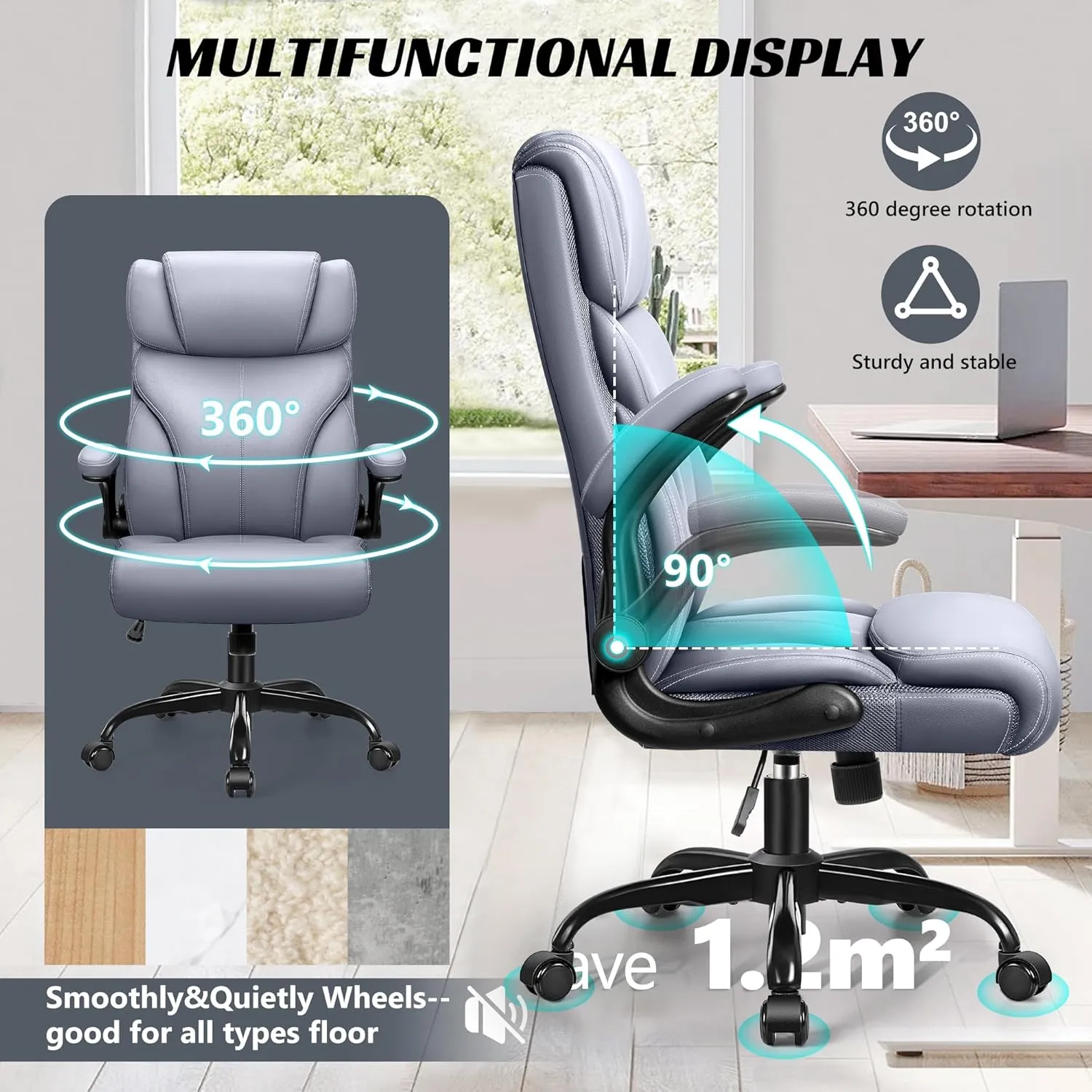 Office Chair, Ergonomic Big and Tall Computer Desk Chairs, Executive Breathable Leather Chair with Adjustable High Back Flip-up Armrests, Lumbar Support Swivel PC Chair with Rocking Function
