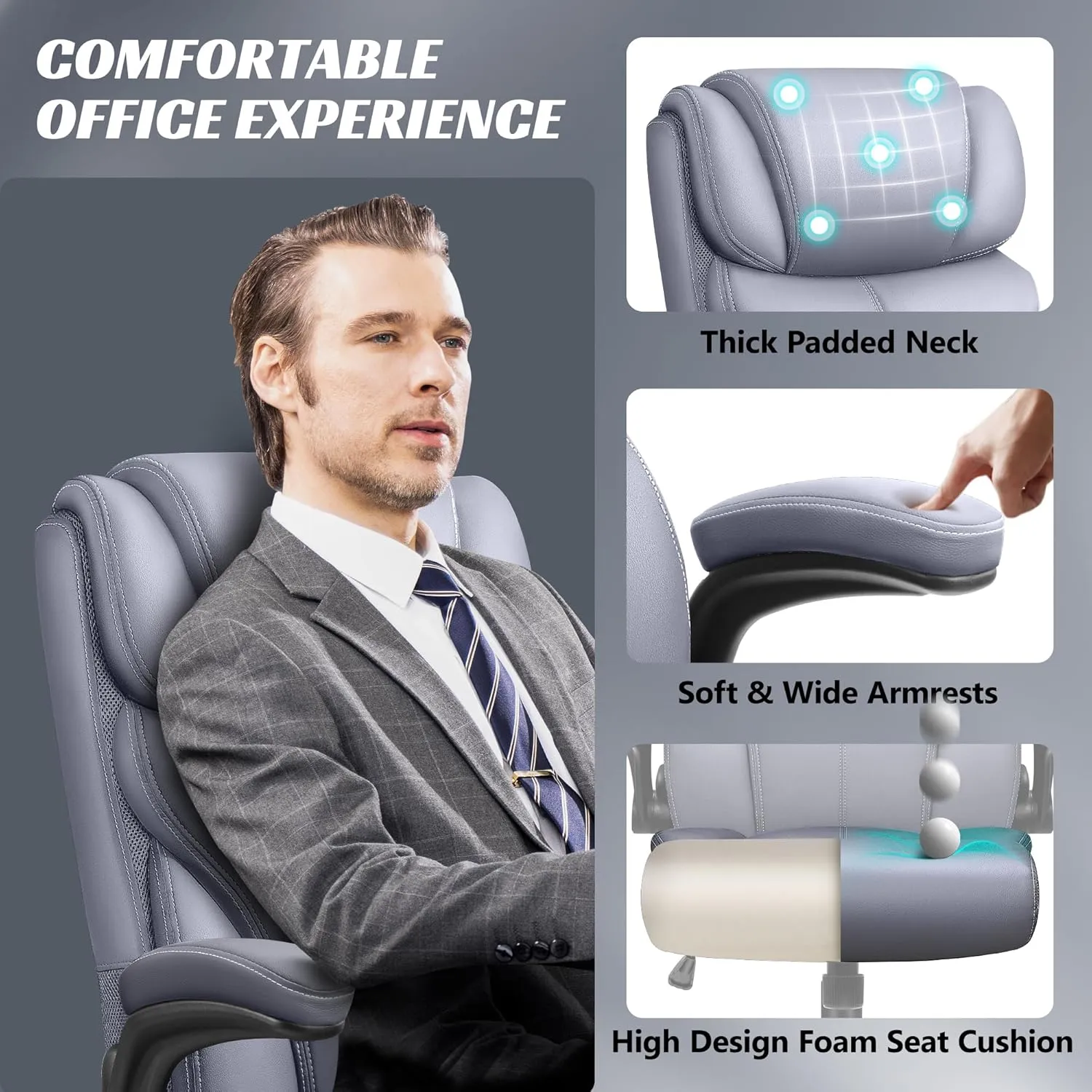 Office Chair, Ergonomic Big and Tall Computer Desk Chairs, Executive Breathable Leather Chair with Adjustable High Back Flip-up Armrests, Lumbar Support Swivel PC Chair with Rocking Function