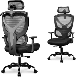 Office Chair Ergonomic Comfy Computer Gaming Chair, Big and Tall Mesh Office Desk Chair with Back Support, High Back with Adjustable Armrest (Grey)