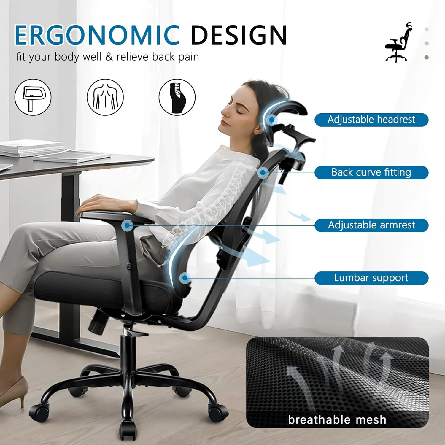 Office Chair Ergonomic Comfy Computer Gaming Chair, Big and Tall Mesh Office Desk Chair with Back Support, High Back with Adjustable Armrest (Grey)