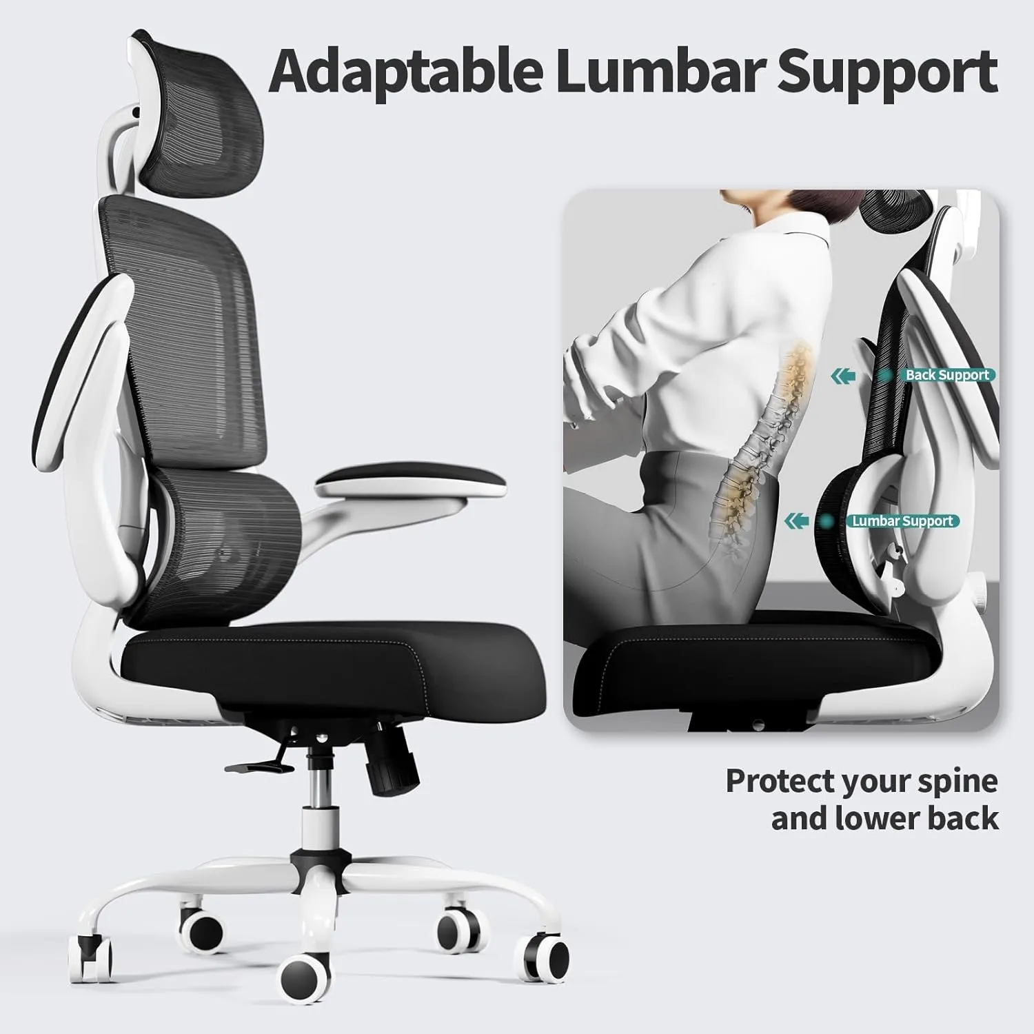 Office Chair Ergonomic Desk Chair, 330 LBS Home Mesh Office Desk Chairs with Wheels, Comfortable Gaming Chair, High Back Office Chair for Long Hours (Black & White)