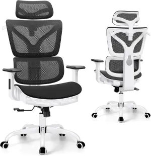 Office Chair Ergonomic Desk Chair, High Back Gaming Chair, Big and Tall Reclining Chair Breathable Mesh Comfy Home Office Desk Chair Lumbar Support Computer Chair Adjustable Armrests (White)