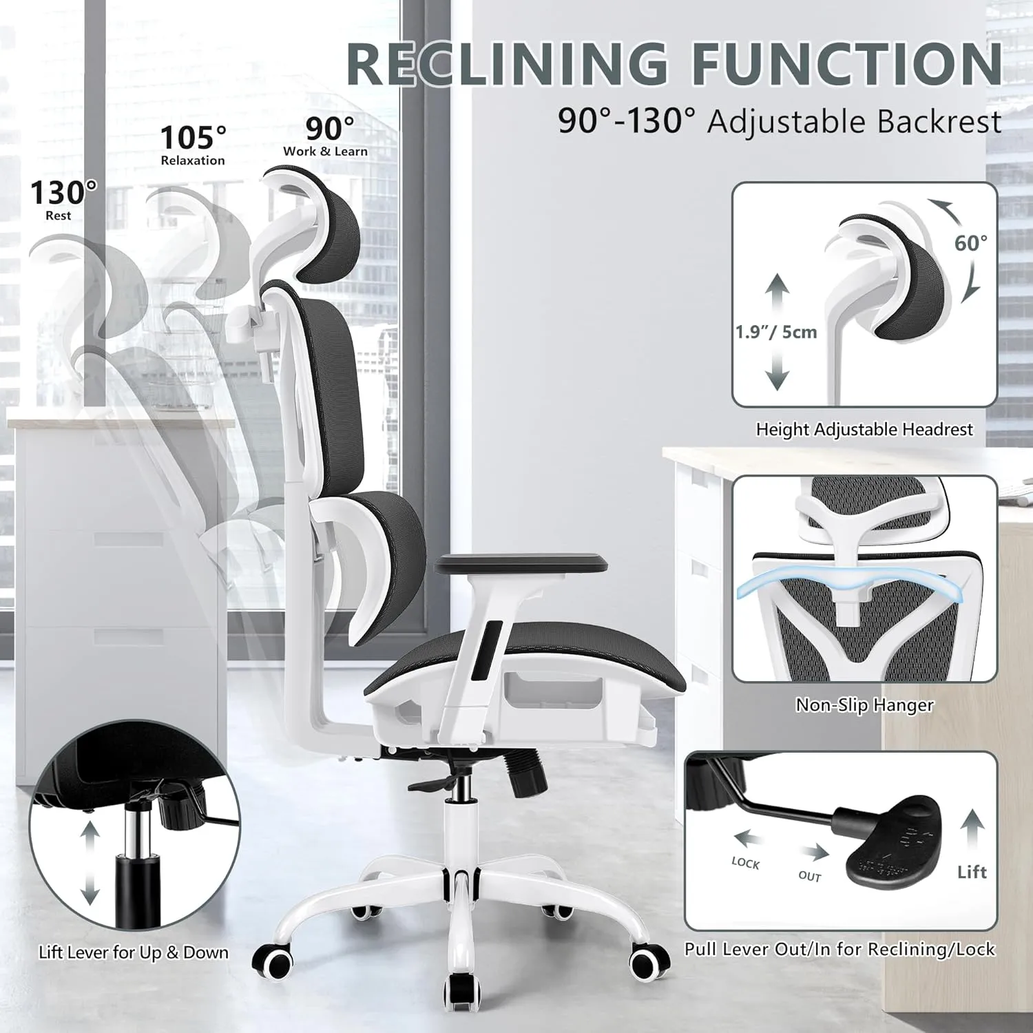 Office Chair Ergonomic Desk Chair, High Back Gaming Chair, Big and Tall Reclining Chair Breathable Mesh Comfy Home Office Desk Chair Lumbar Support Computer Chair Adjustable Armrests (White)