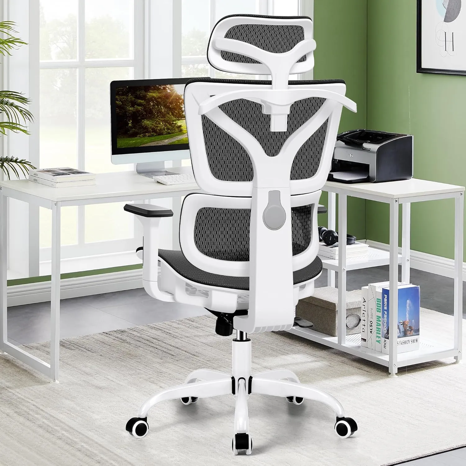 Office Chair Ergonomic Desk Chair, High Back Gaming Chair, Big and Tall Reclining Chair Breathable Mesh Comfy Home Office Desk Chair Lumbar Support Computer Chair Adjustable Armrests (White)