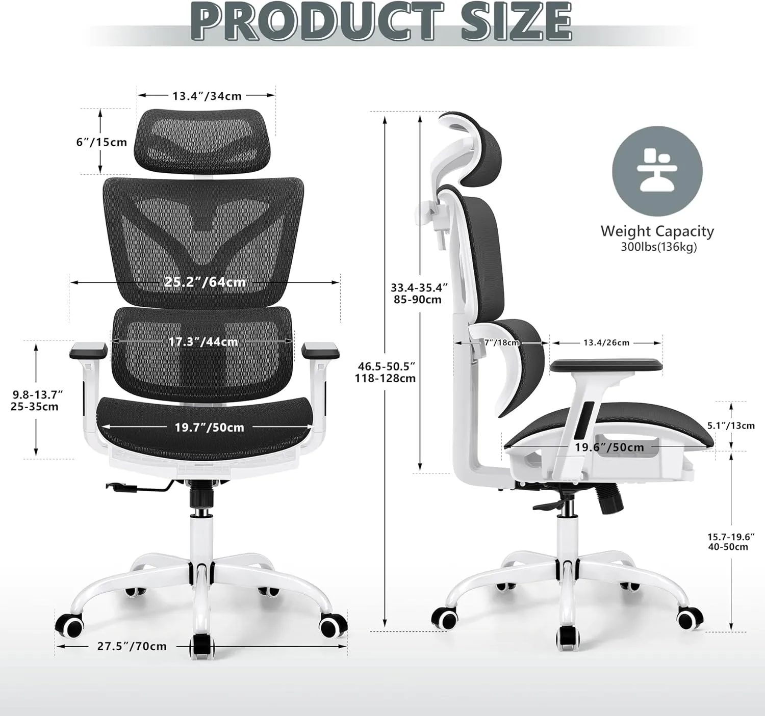 Office Chair Ergonomic Desk Chair, High Back Gaming Chair, Big and Tall Reclining Chair Breathable Mesh Comfy Home Office Desk Chair Lumbar Support Computer Chair Adjustable Armrests (White)