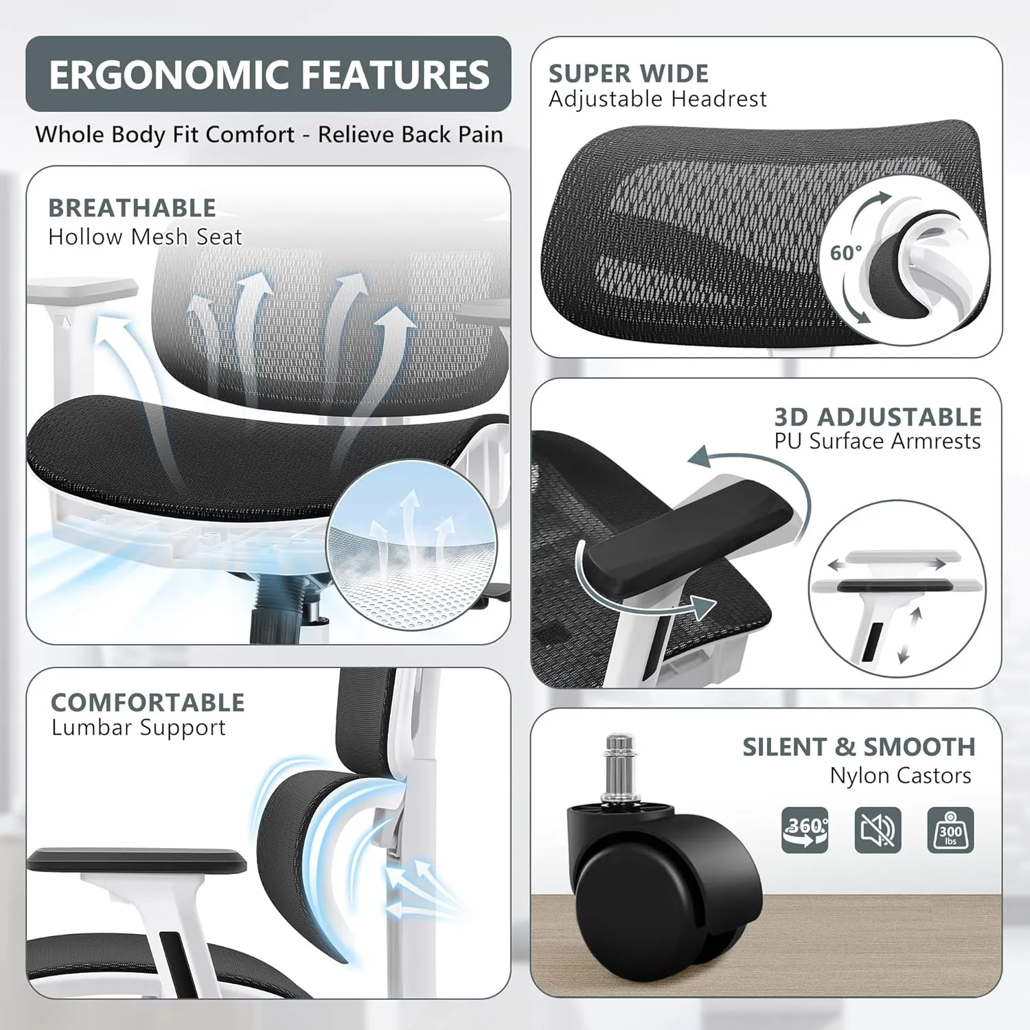 Office Chair Ergonomic Desk Chair, High Back Gaming Chair, Big and Tall Reclining Chair Breathable Mesh Comfy Home Office Desk Chair Lumbar Support Computer Chair Adjustable Armrests (White)