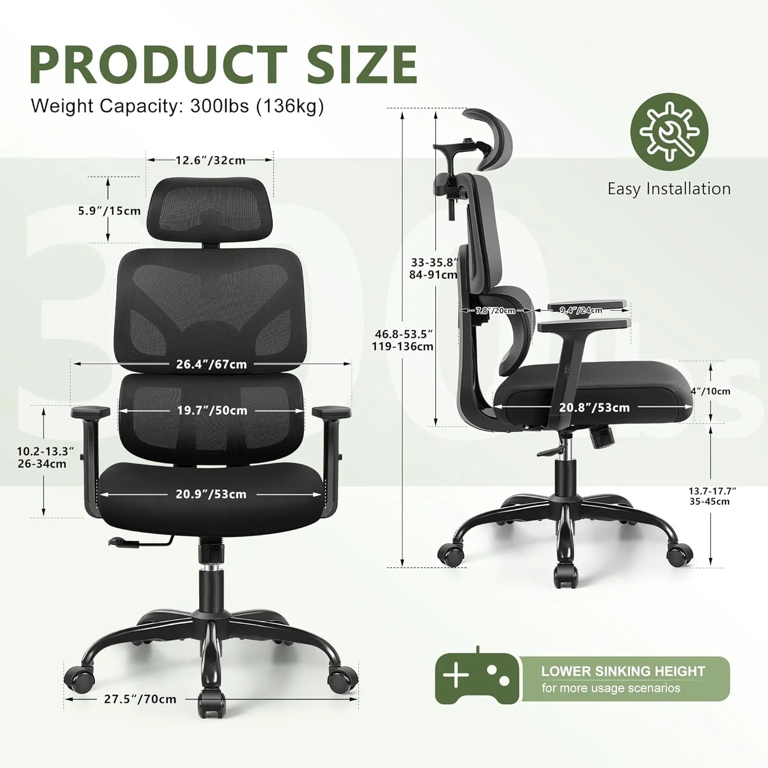 Office Chair Ergonomic Desk Chair, High Back Gaming Chair, Big and Tall Reclining Comfy Home Office Desk Chair Breathable Mesh Lumbar Support Computer Chair Adjustable Arms, 3D Headrest (Black)