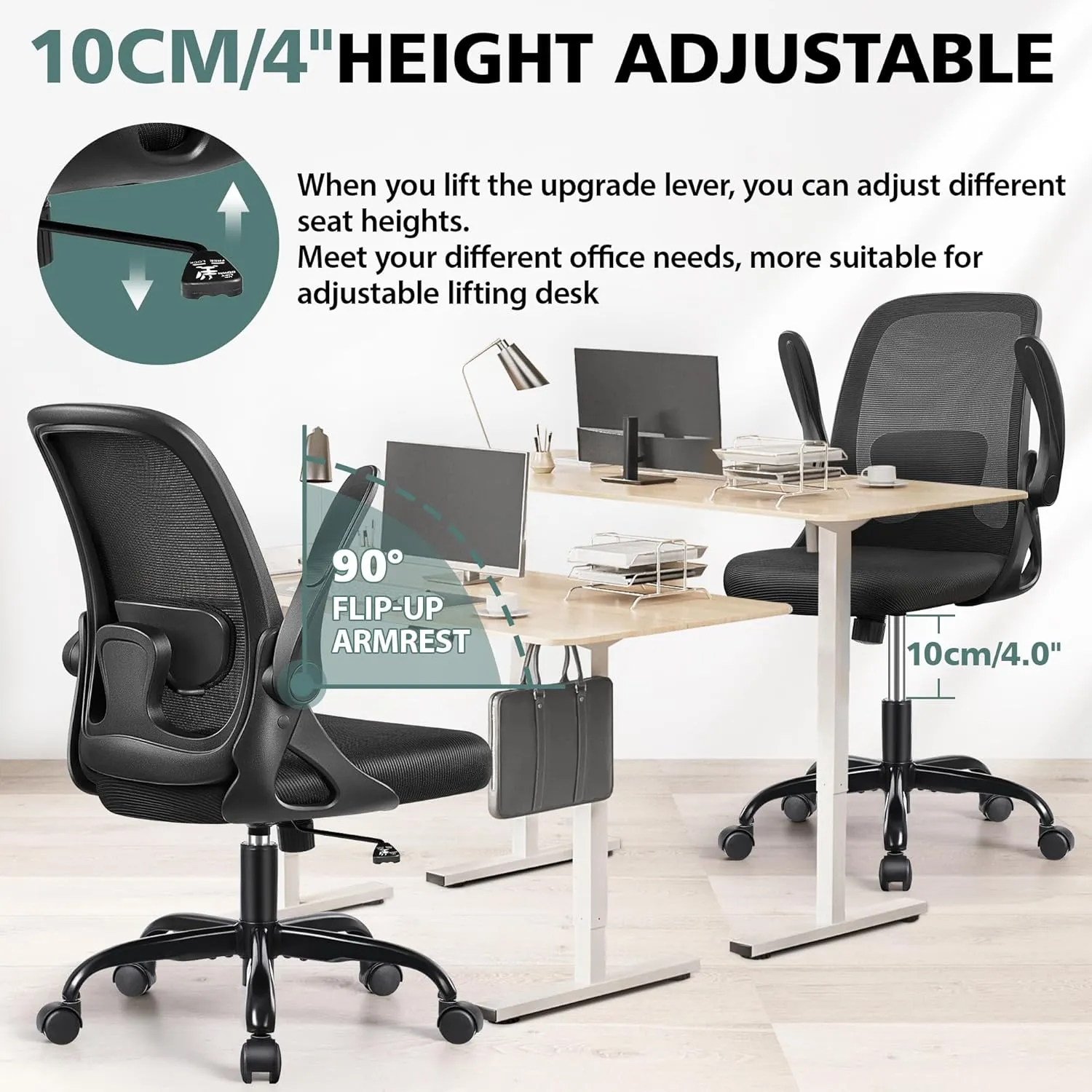 Office Chair Ergonomic Desk Chairs with Lumbar Support and Flip-up Arms, Comfortable Breathable Mesh Computer Executive Chair with Swivel Task, Adjustable Height 4'', Home - Black